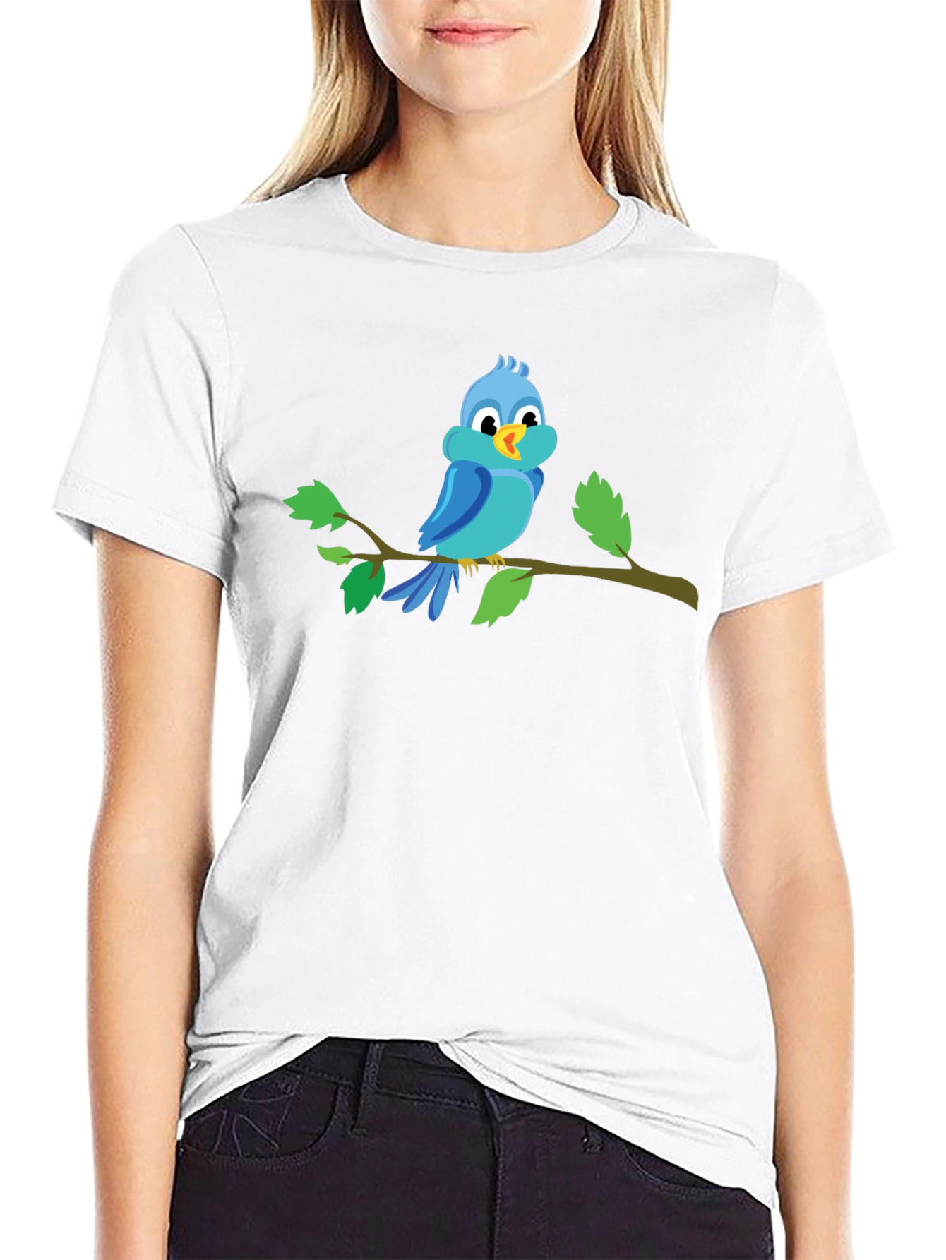 Cartoon Blue Bird Perched on Branch Graphic T-Shirt