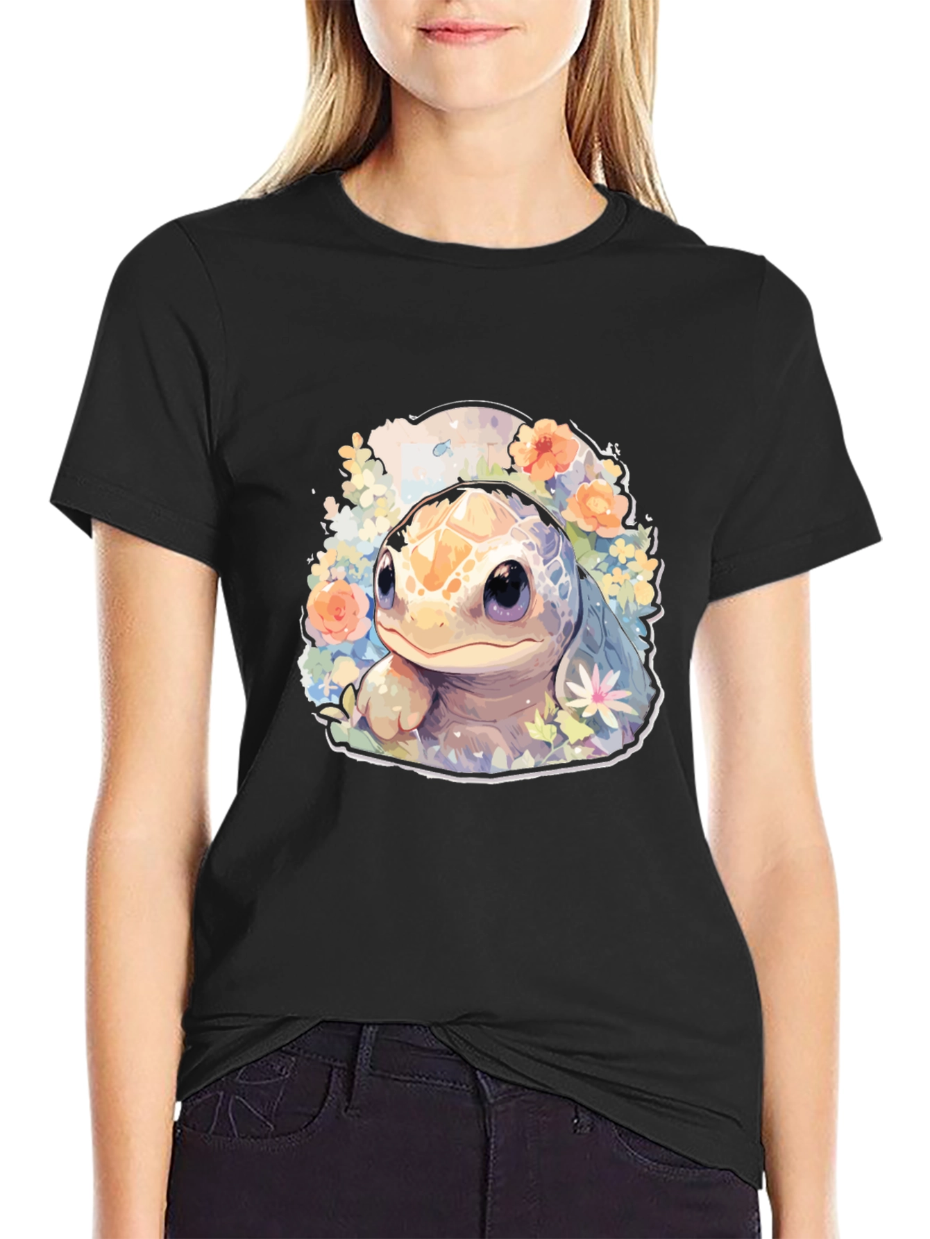 Cute Turtle Graphic Tee - Black Cotton T-Shirt