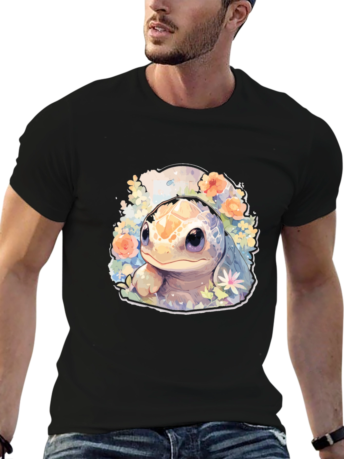 Cute Turtle Graphic Tee - Black Cotton T-Shirt