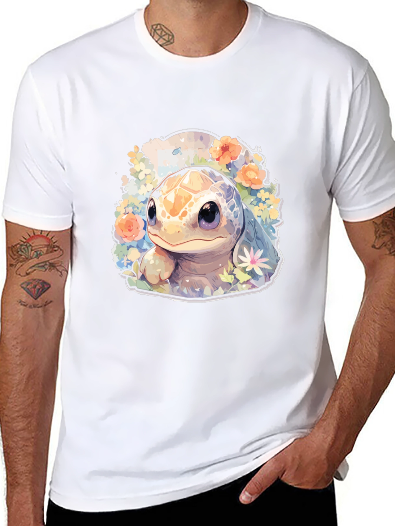 Cute Turtle Graphic Tee - Black Cotton T-Shirt