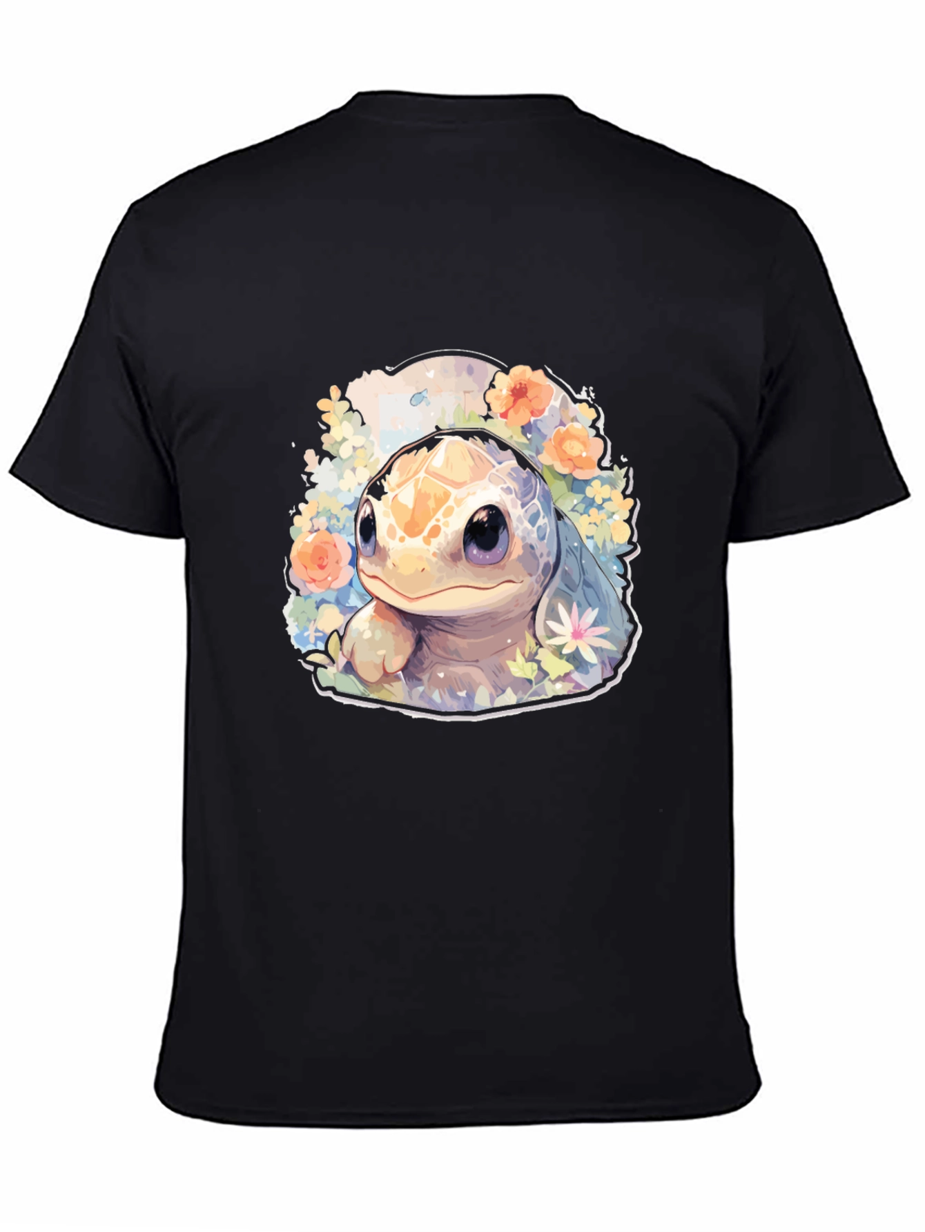 Cute Turtle Graphic Tee - Black Cotton T-Shirt
