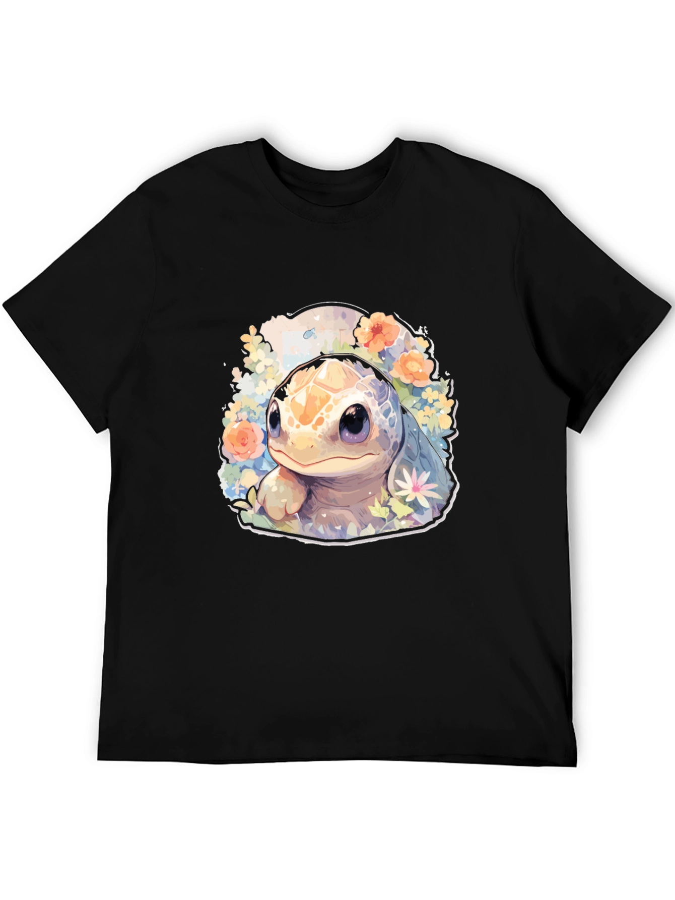Cute Turtle Graphic Tee - Black Cotton T-Shirt