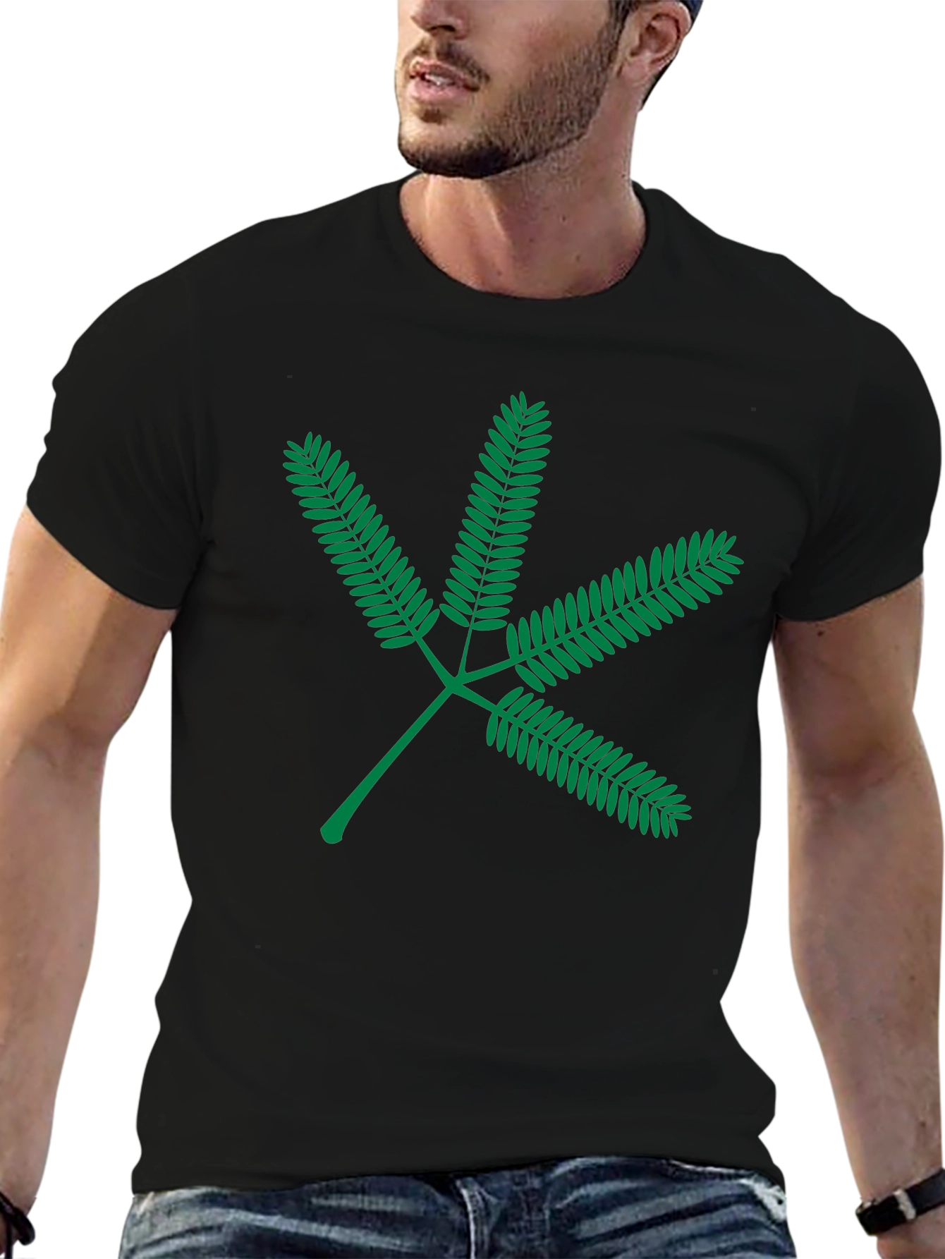 Green Leaf Graphic Black T-Shirt