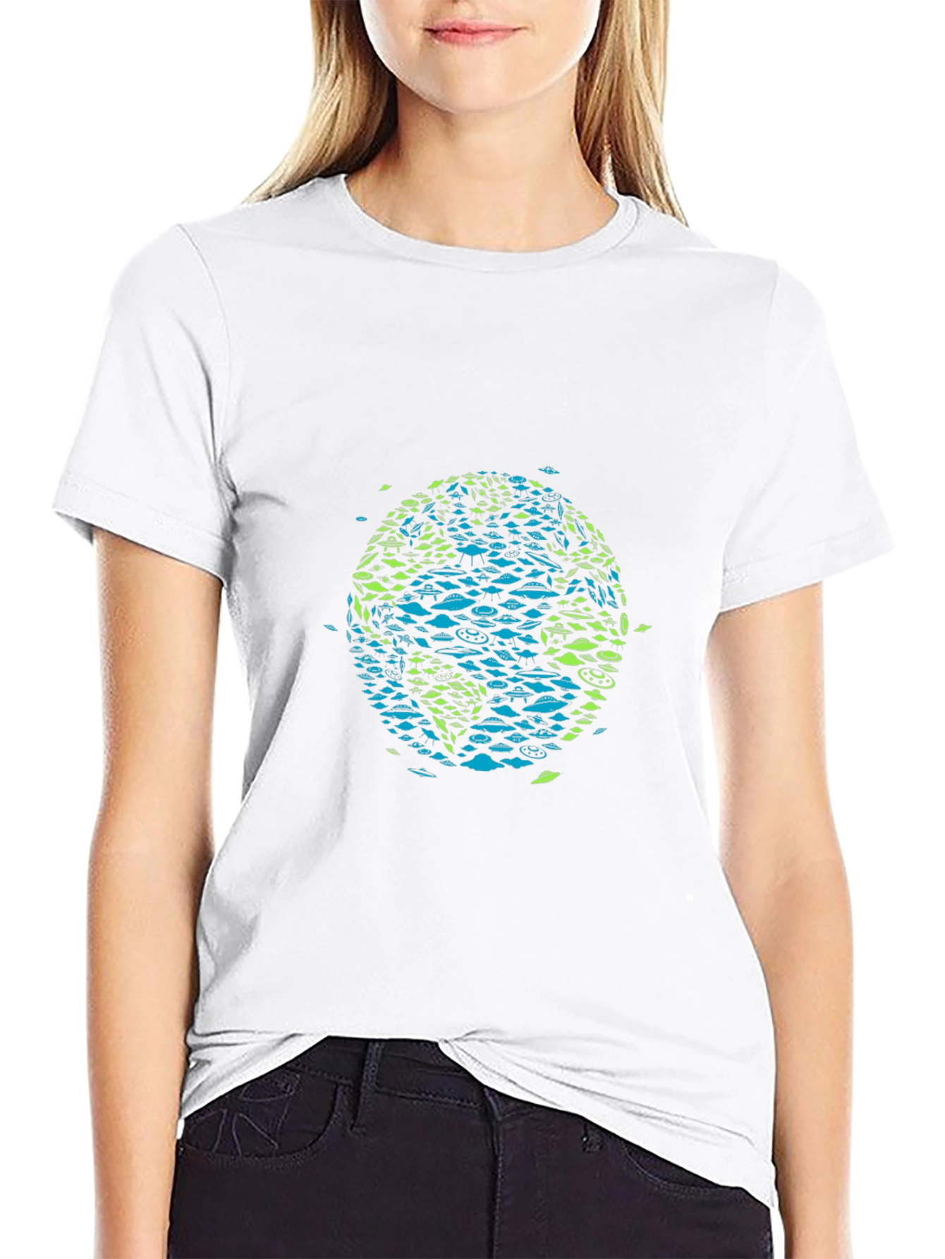 Earth Globe UFO Pattern Black T-Shirt