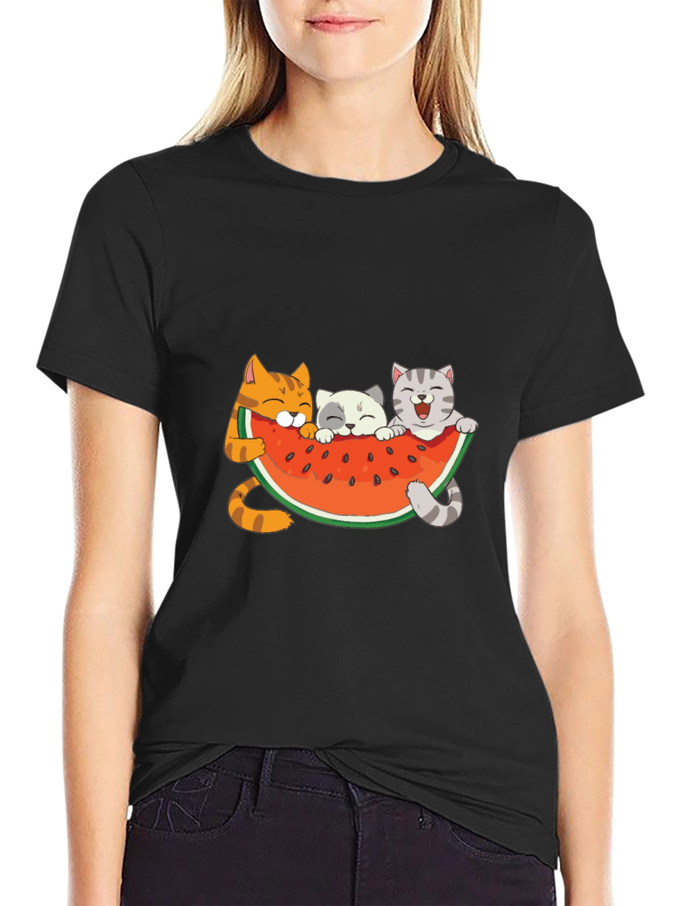 Cute Cats & Watermelon Graphic T-Shirt