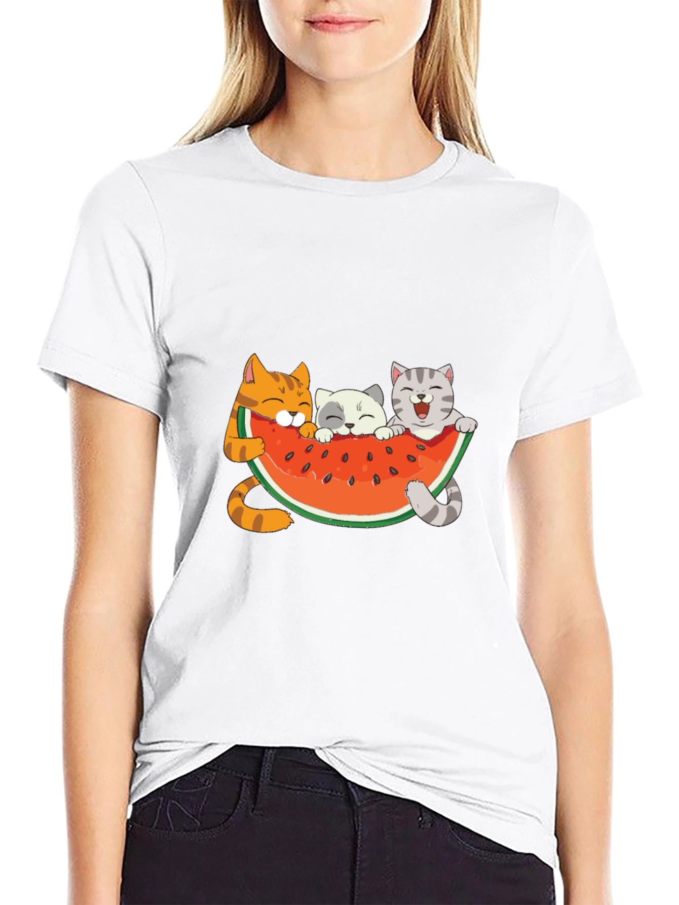 Cute Cats & Watermelon Graphic T-Shirt