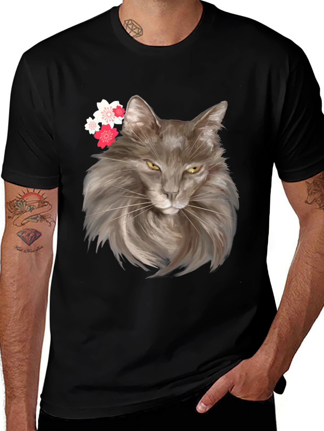 Cat & Cherry Blossom Graphic Tee - Trendy Style