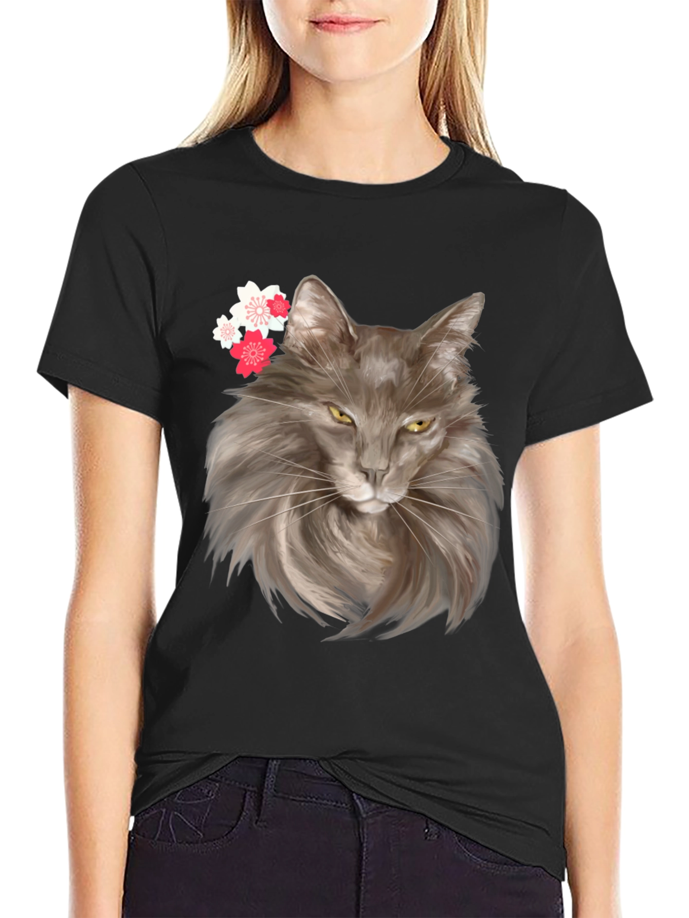 Cat & Cherry Blossom Graphic Tee - Trendy Style