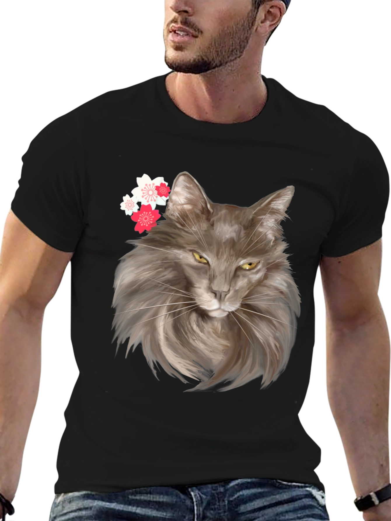 Cat & Cherry Blossom Graphic Tee - Trendy Style
