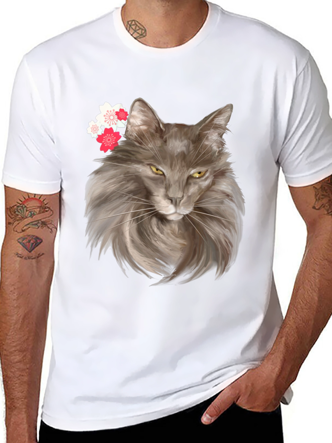 Cat & Cherry Blossom Graphic Tee - Trendy Style