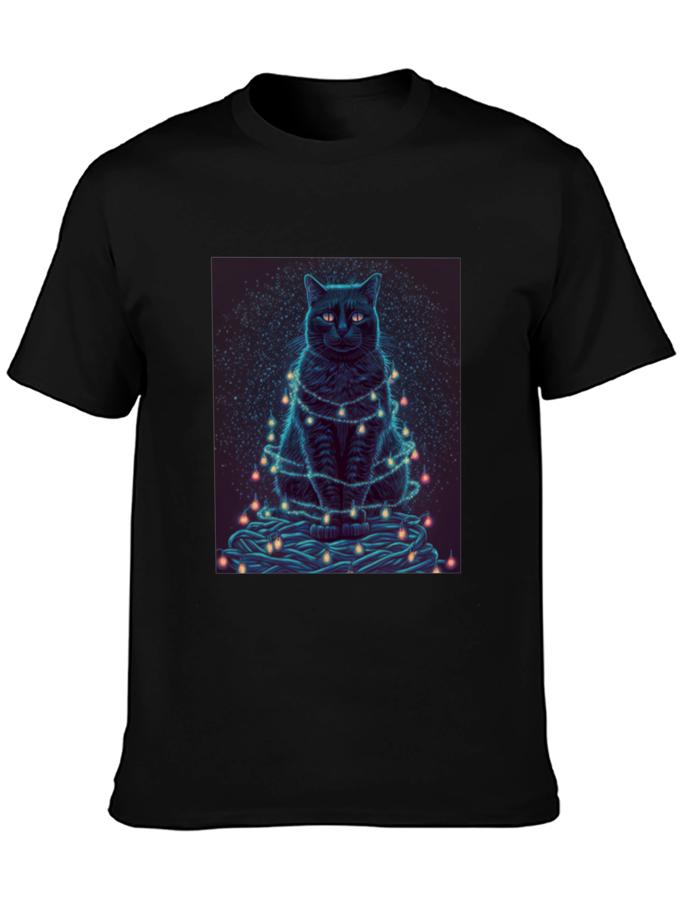 Black Cat Christmas Lights Graphic Tee