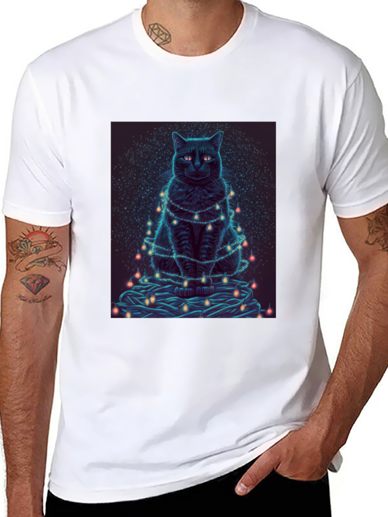 Black Cat Christmas Lights Graphic Tee