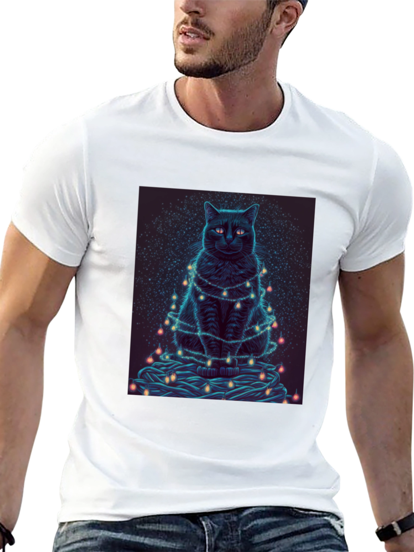 Black Cat Christmas Lights Graphic Tee