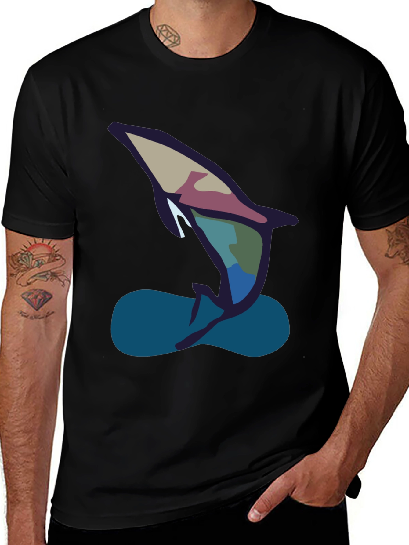 Abstract Dolphin Graphic Tee - Black