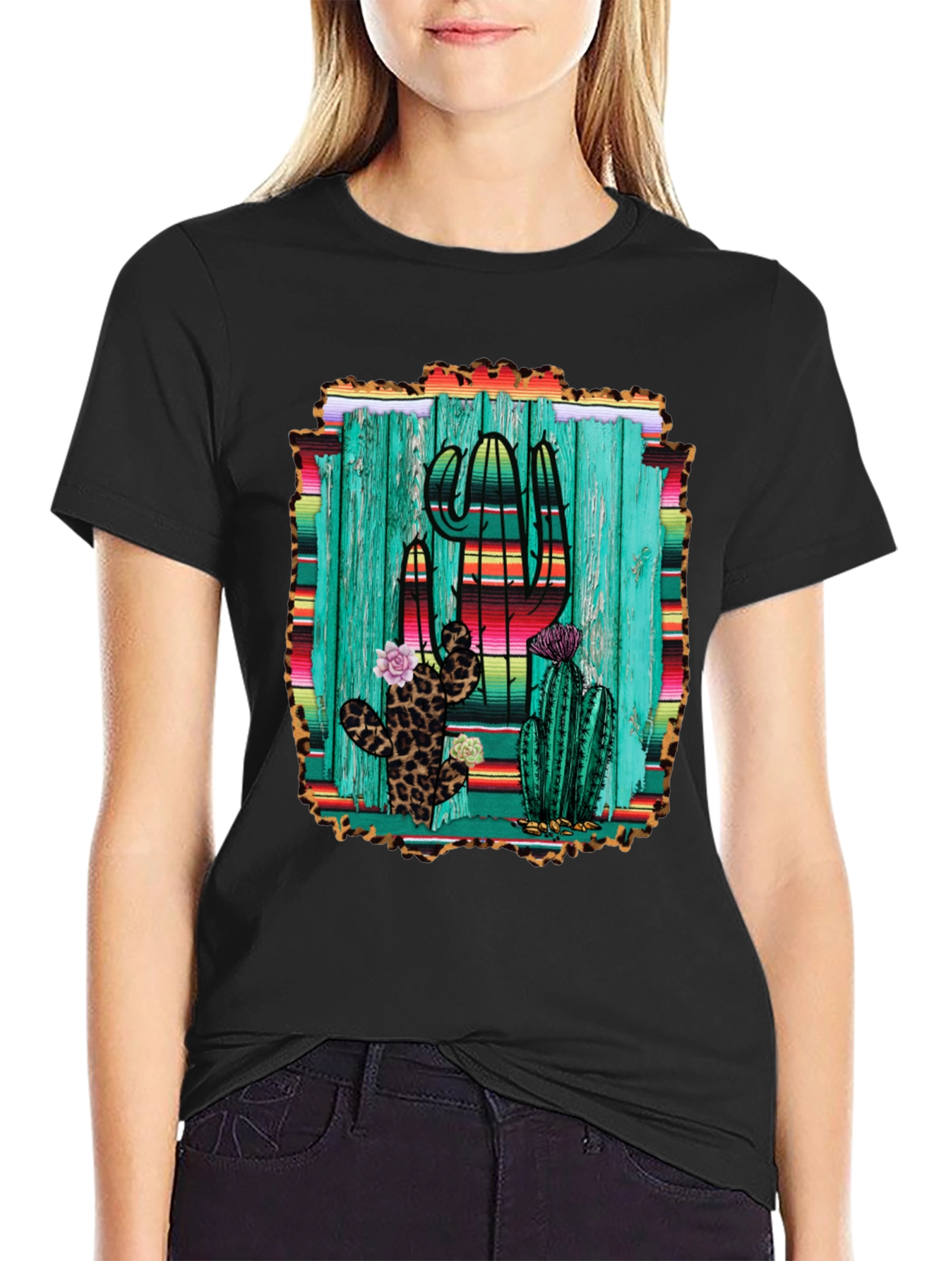 Cactus Print Mens Black T-Shirt