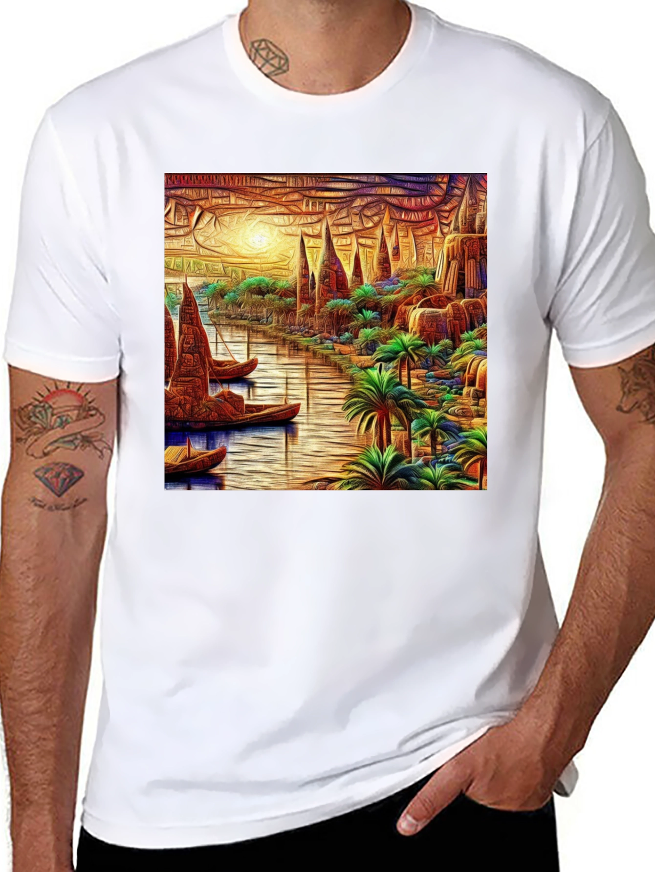 River Cityscape Graphic Tee - Black Cotton Casual Shirt