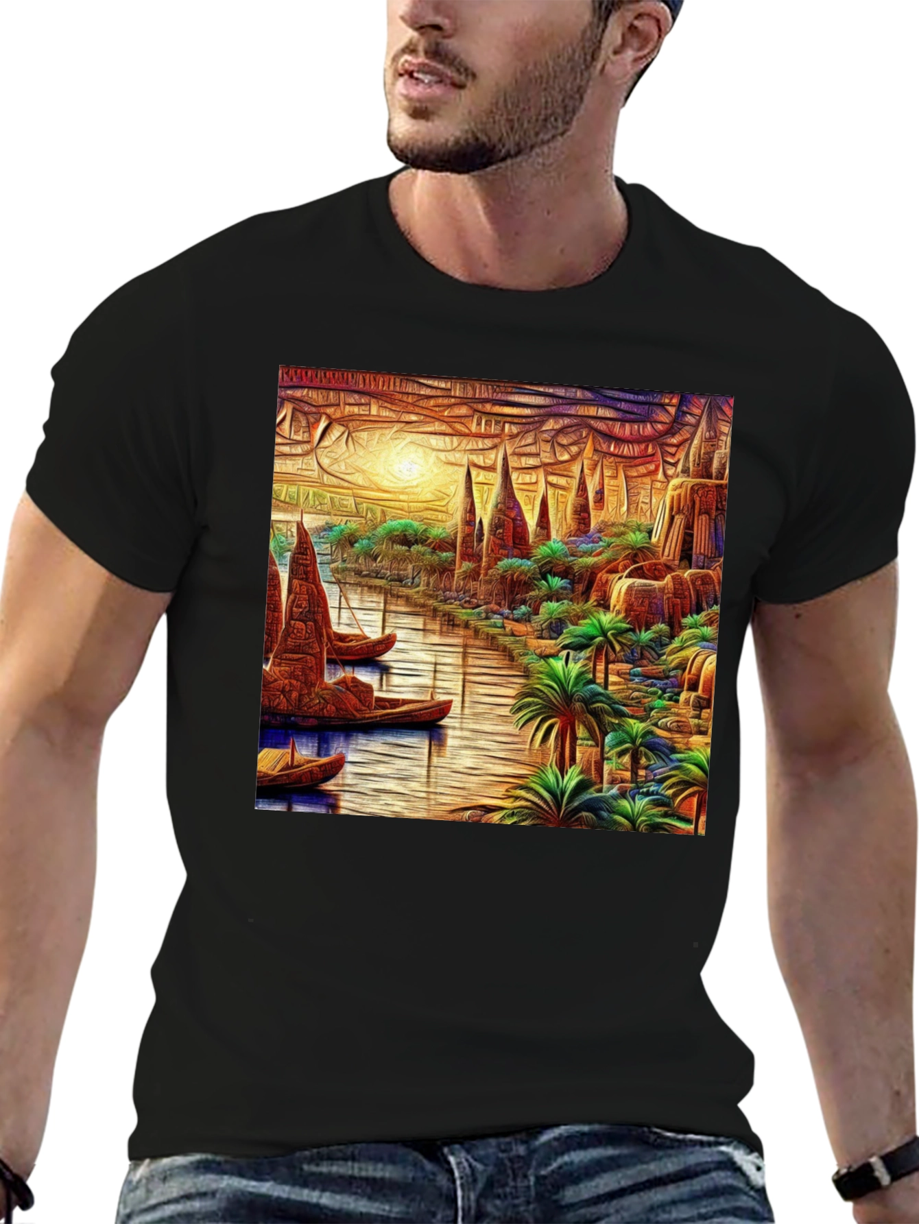 River Cityscape Graphic Tee - Black Cotton Casual Shirt