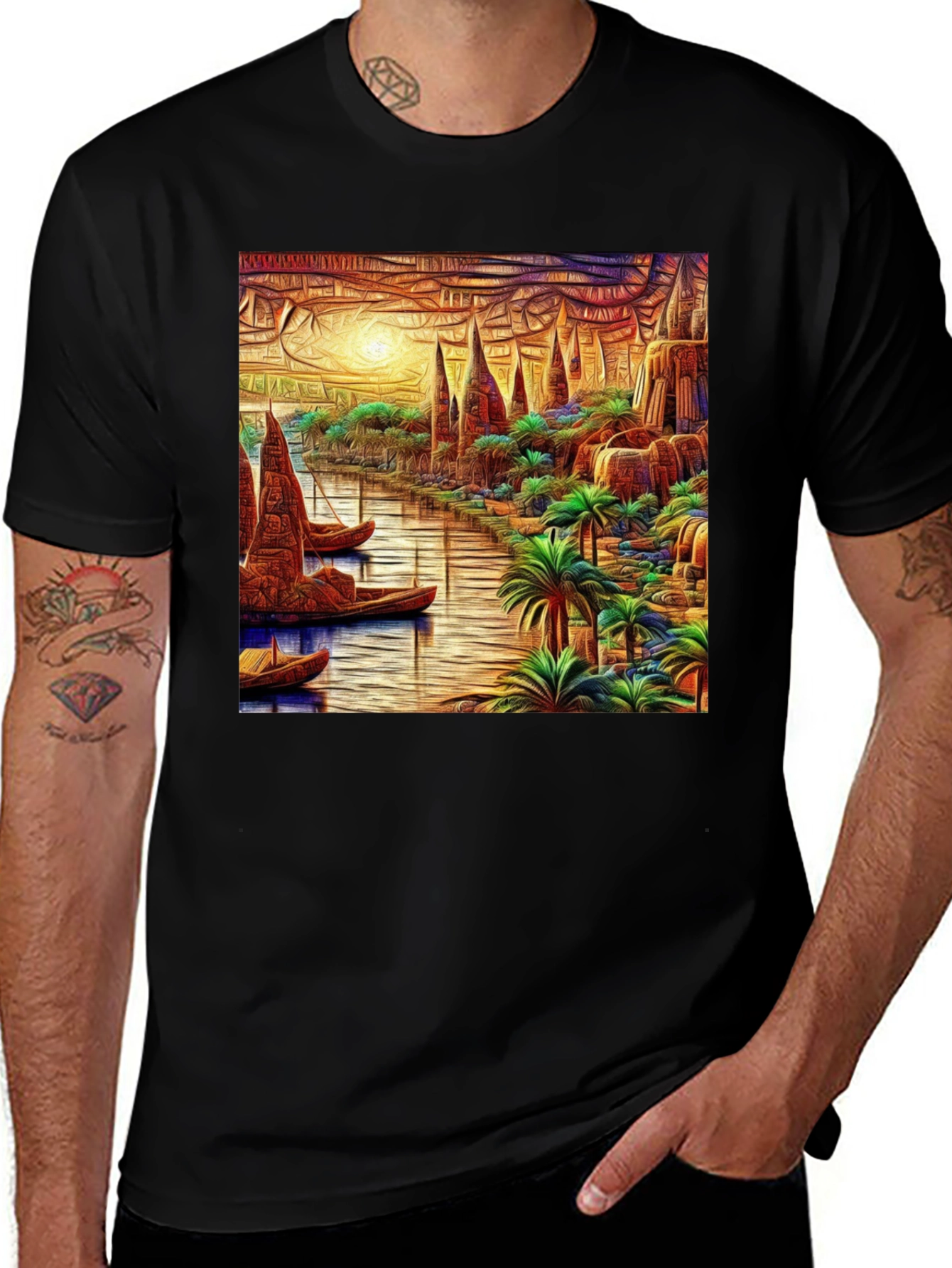 River Cityscape Graphic Tee - Black Cotton Casual Shirt