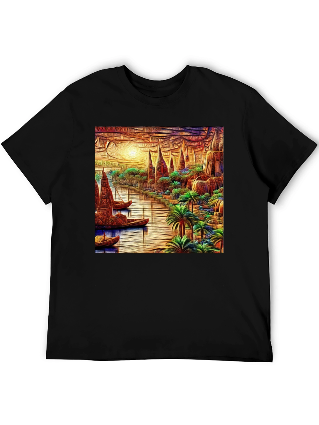 River Cityscape Graphic Tee - Black Cotton Casual Shirt