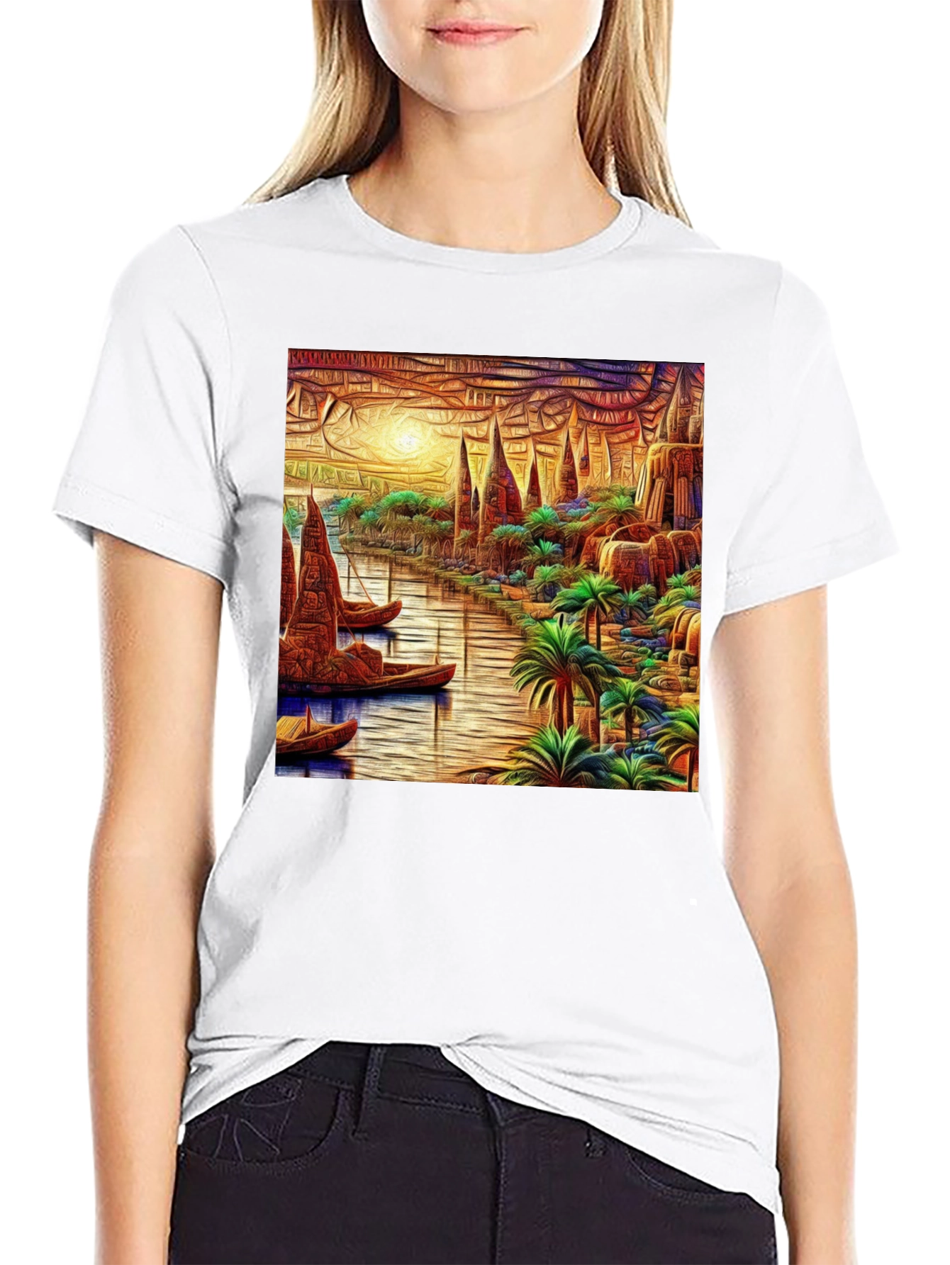 River Cityscape Graphic Tee - Black Cotton Casual Shirt