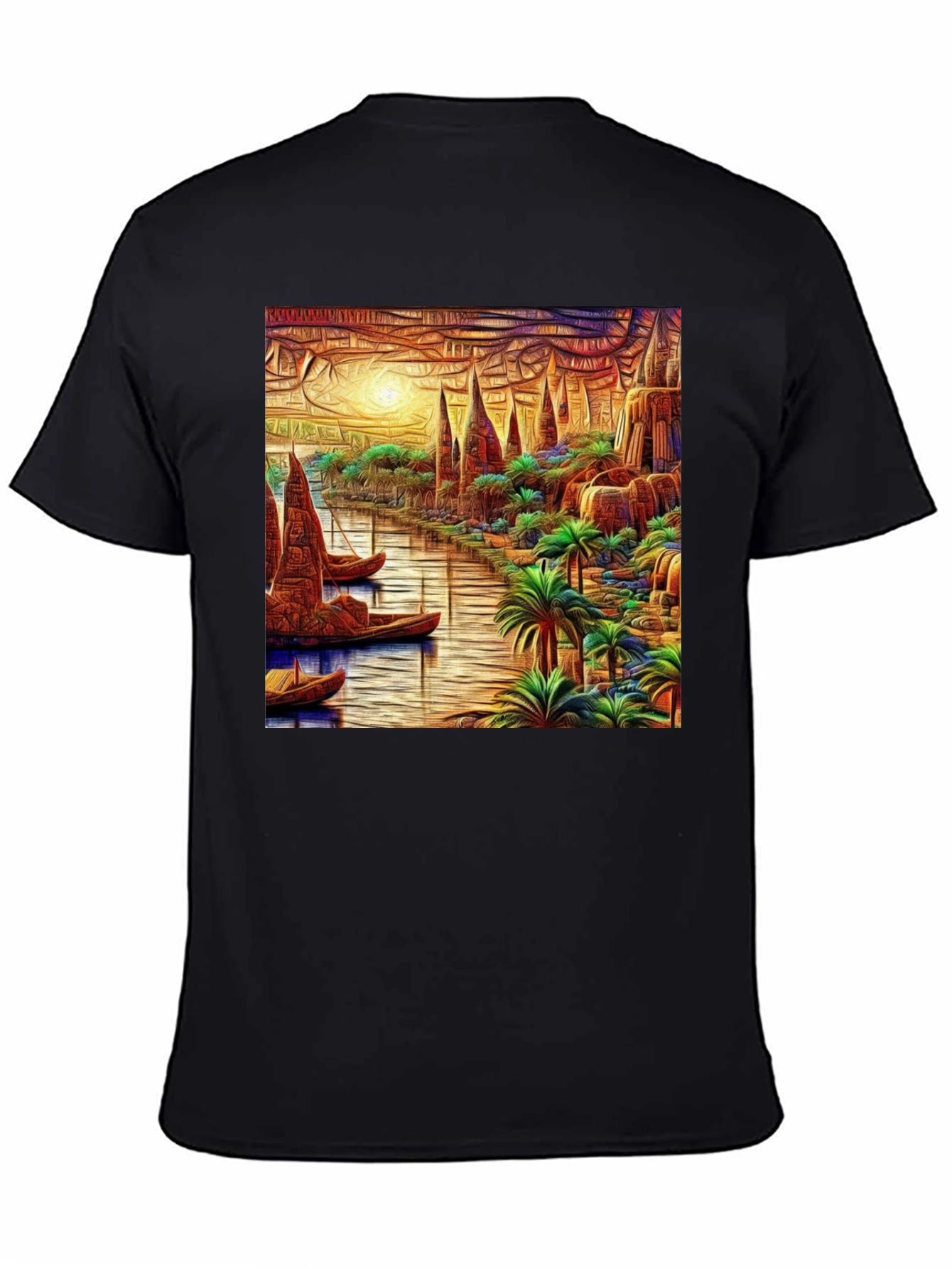 River Cityscape Graphic Tee - Black Cotton Casual Shirt