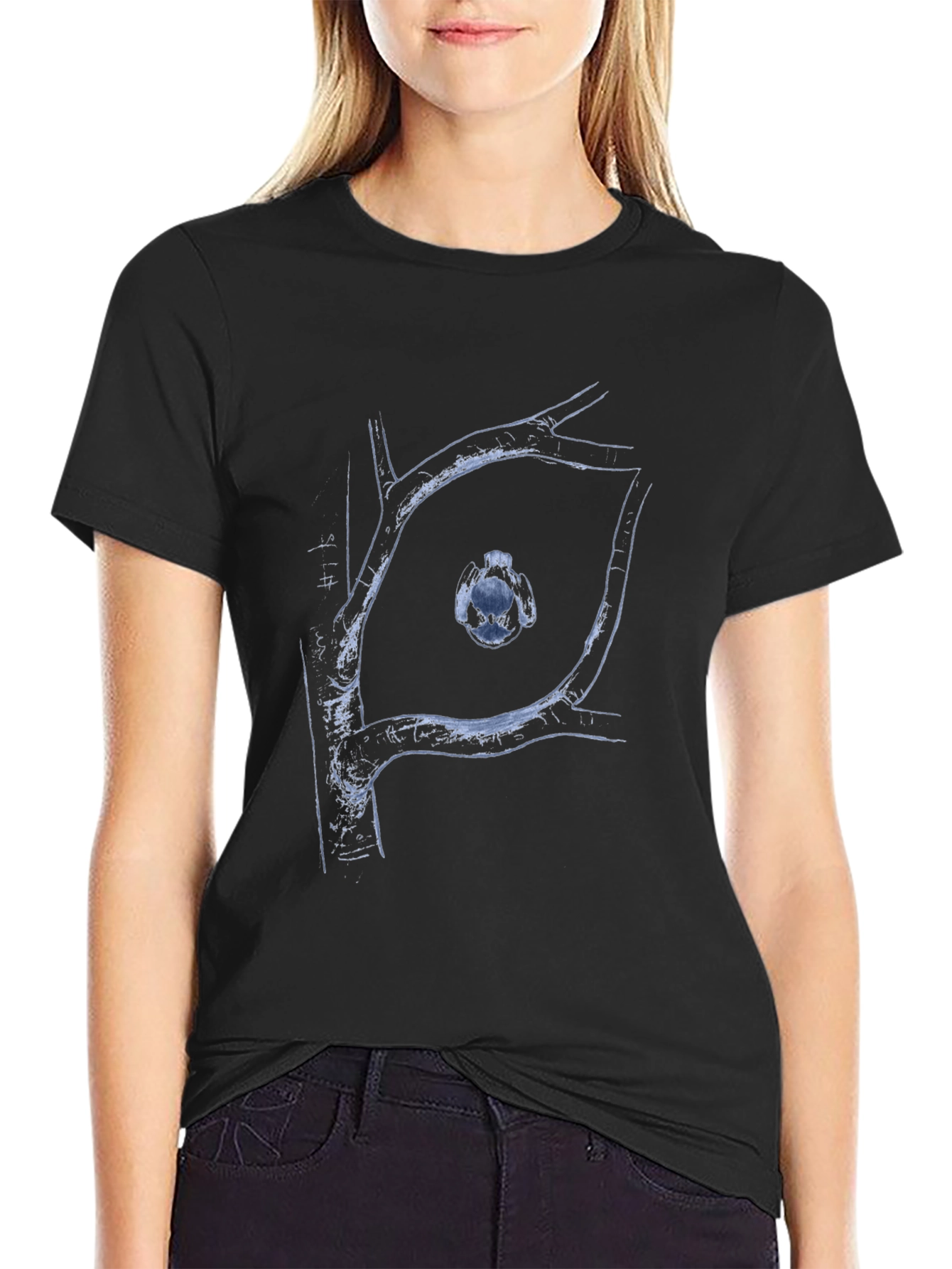 Abstract Tree Branch Bird Graphic Black T-Shirt