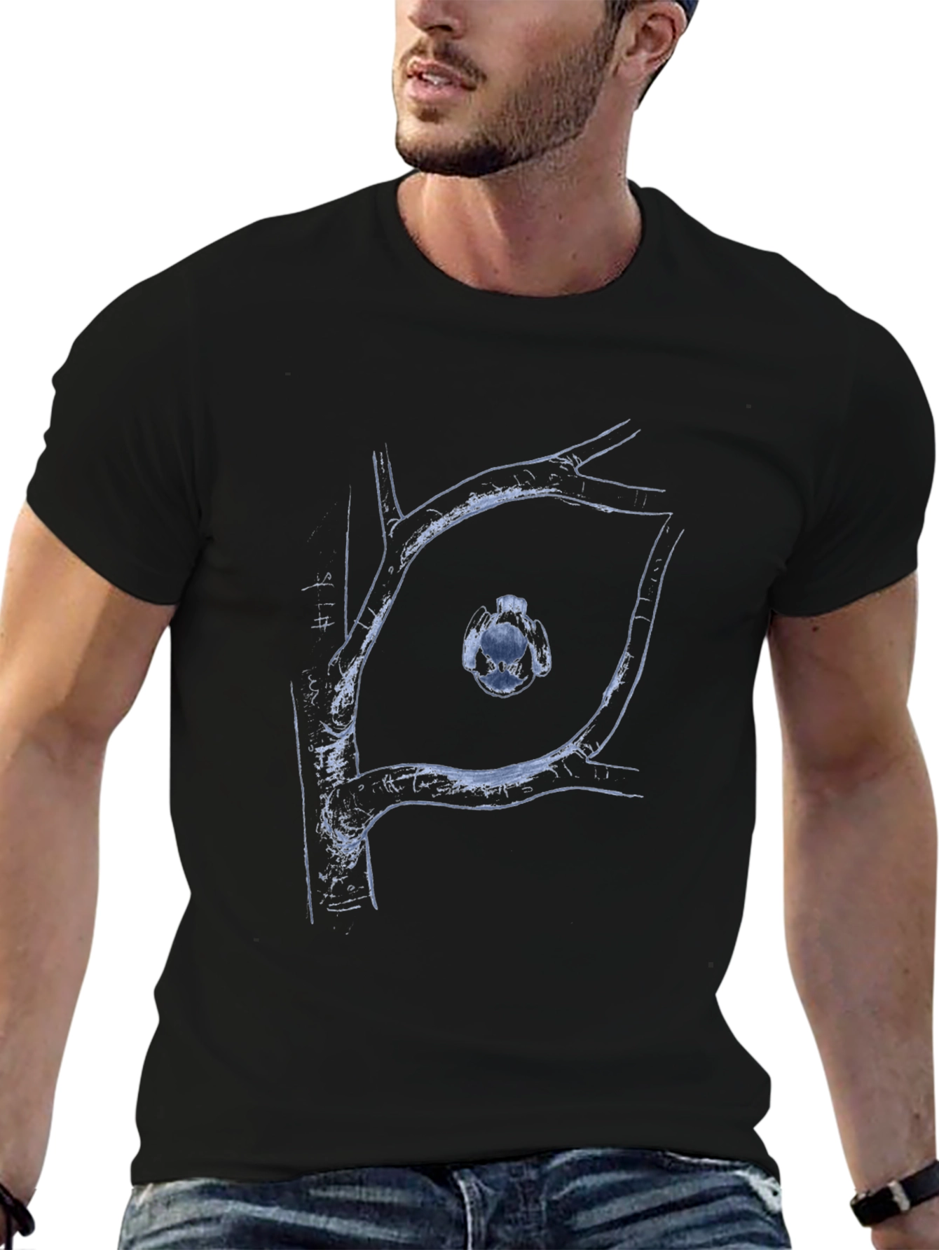 Abstract Tree Branch Bird Graphic Black T-Shirt