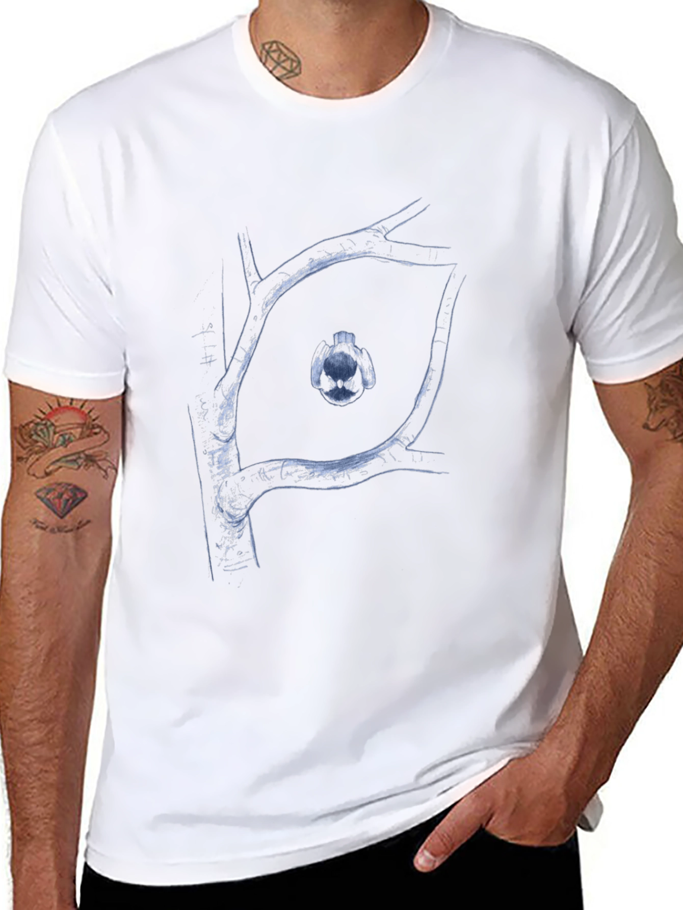 Abstract Tree Branch Bird Graphic Black T-Shirt