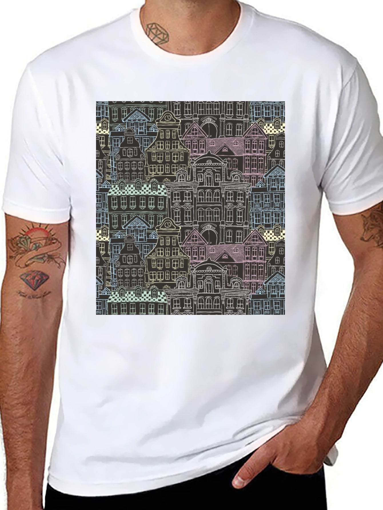 Unique Building Pattern Graphic T-Shirt