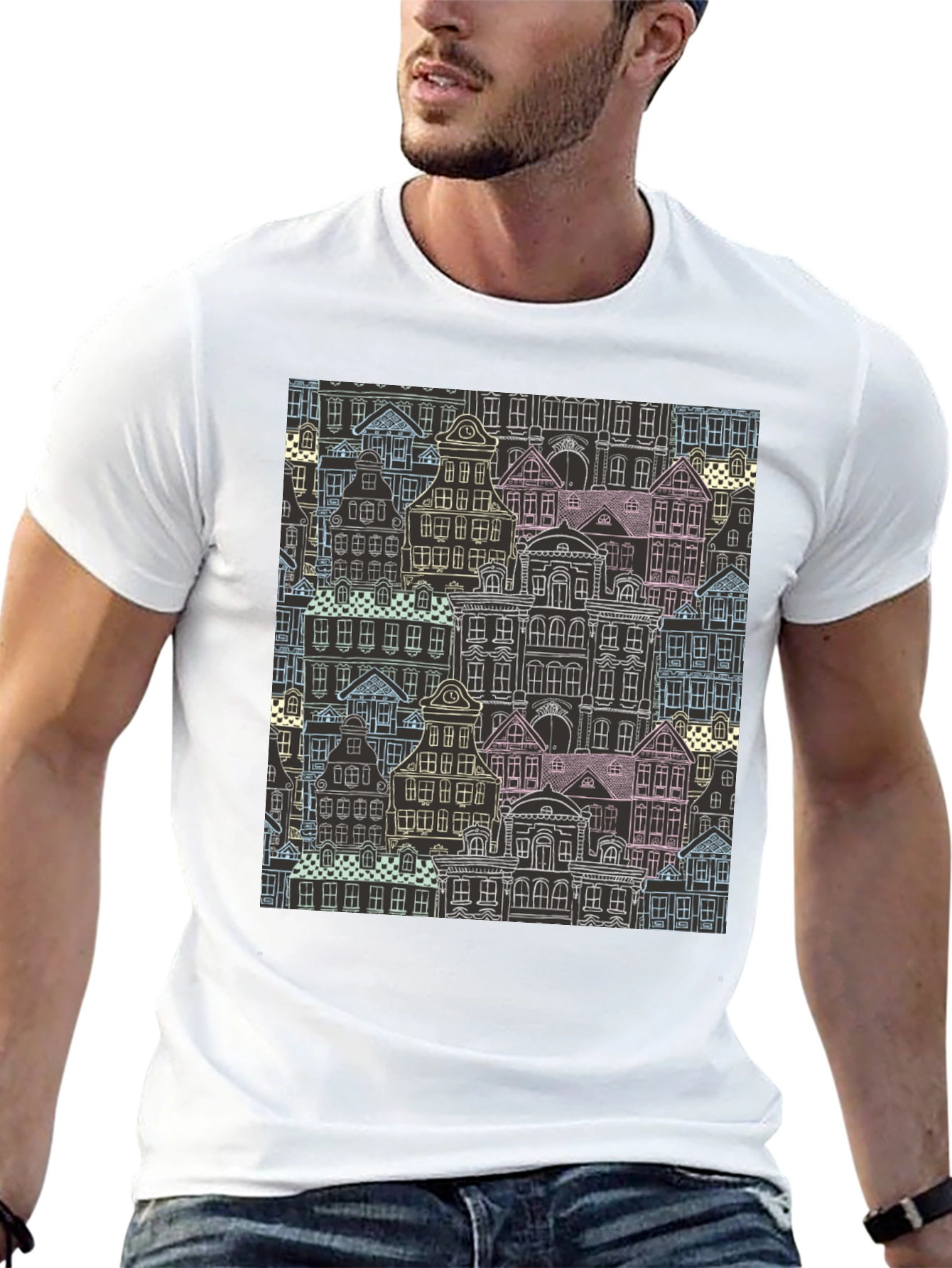 Unique Building Pattern Graphic T-Shirt
