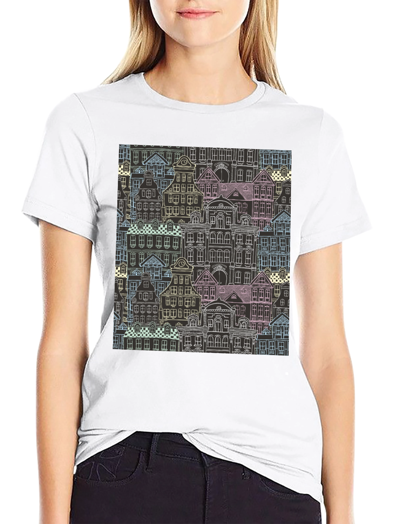 Unique Building Pattern Graphic T-Shirt