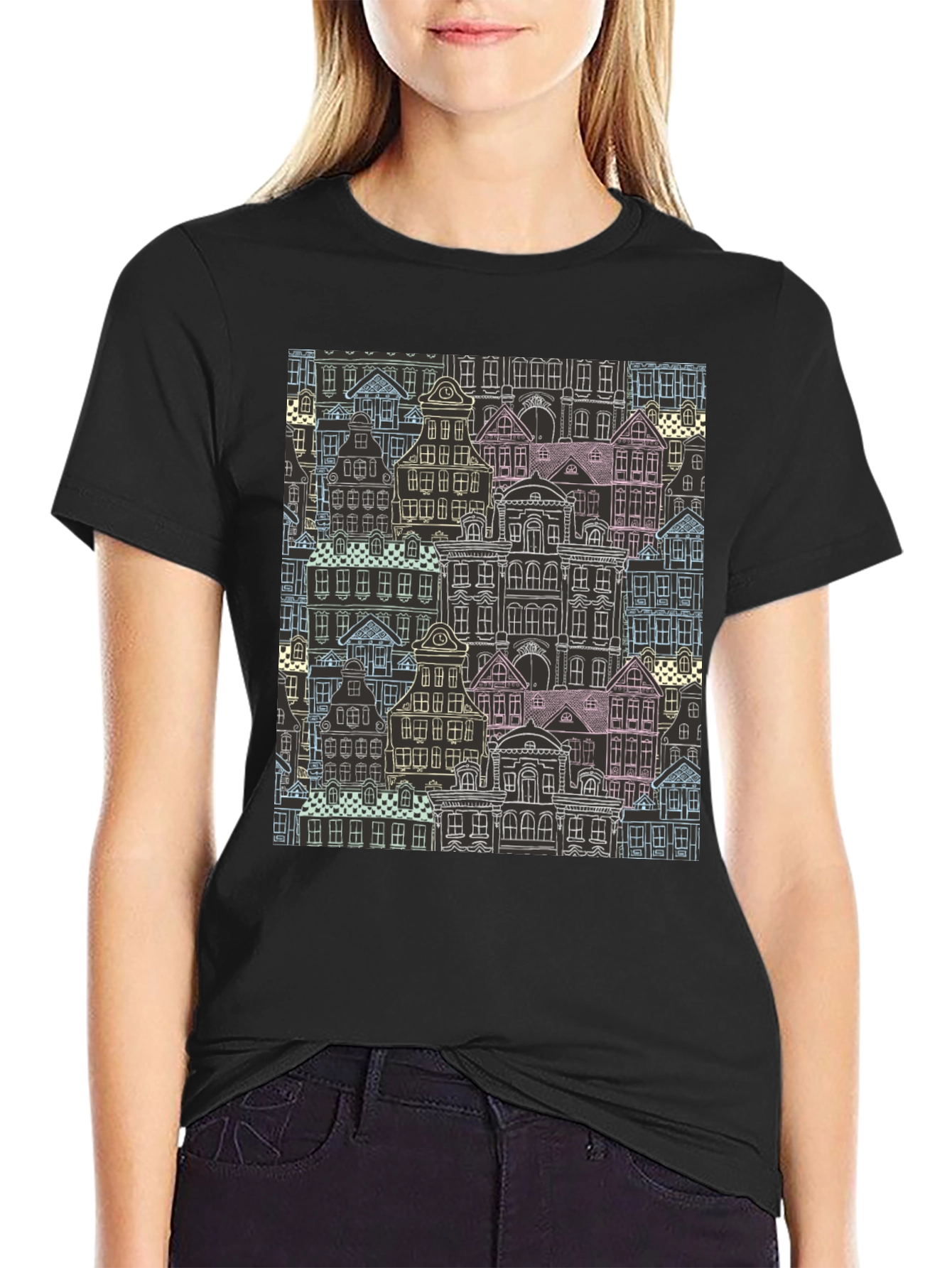 Unique Building Pattern Graphic T-Shirt