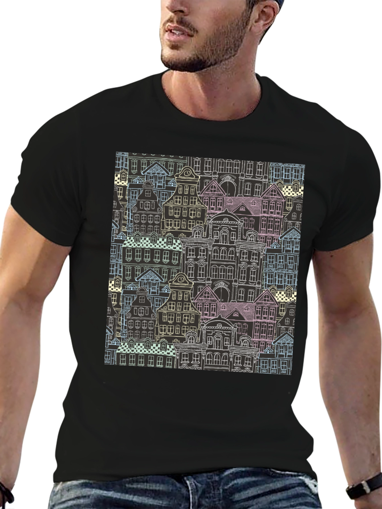 Unique Building Pattern Graphic T-Shirt