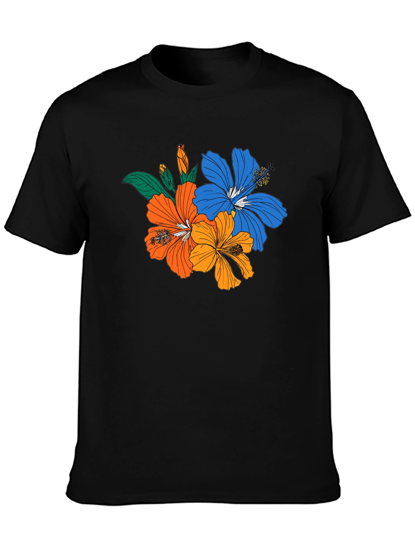Floral Print Black T-Shirt - Tropical Hibiscus Design