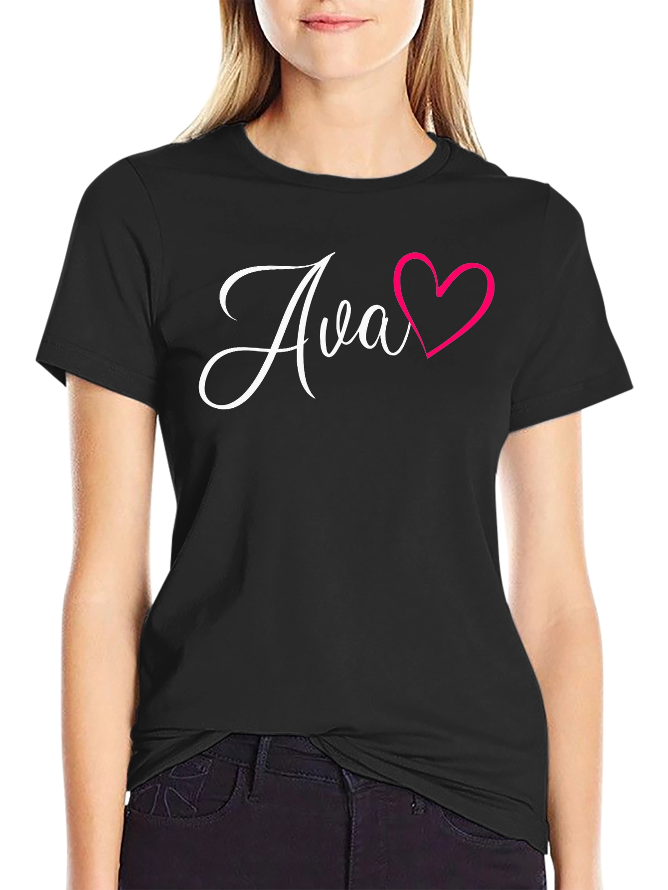 Personalized Ava Heart Graphic Black T-Shirt