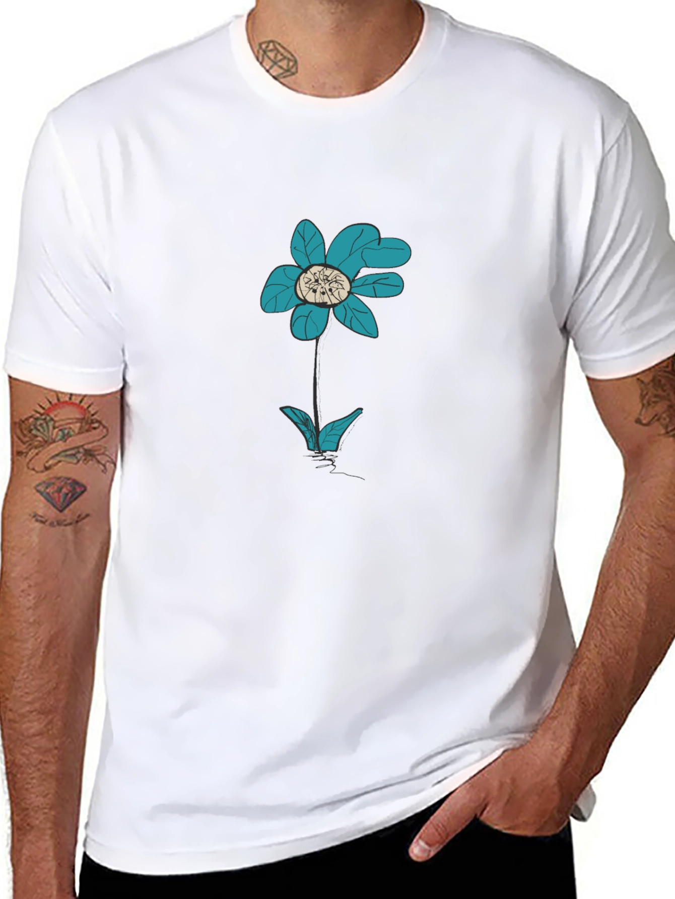 Black T-Shirt with Teal Flower Graphic