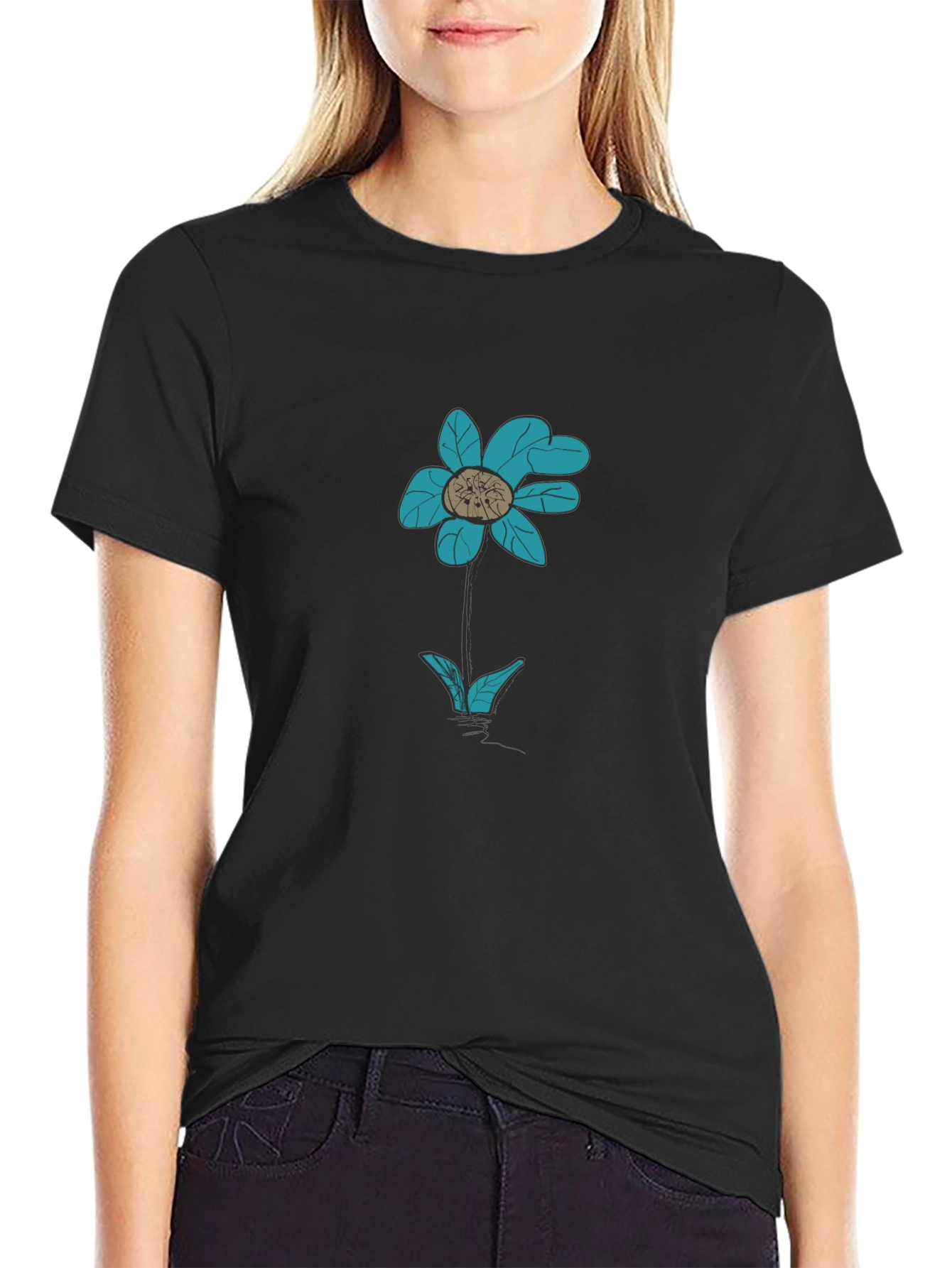 Black T-Shirt with Teal Flower Graphic