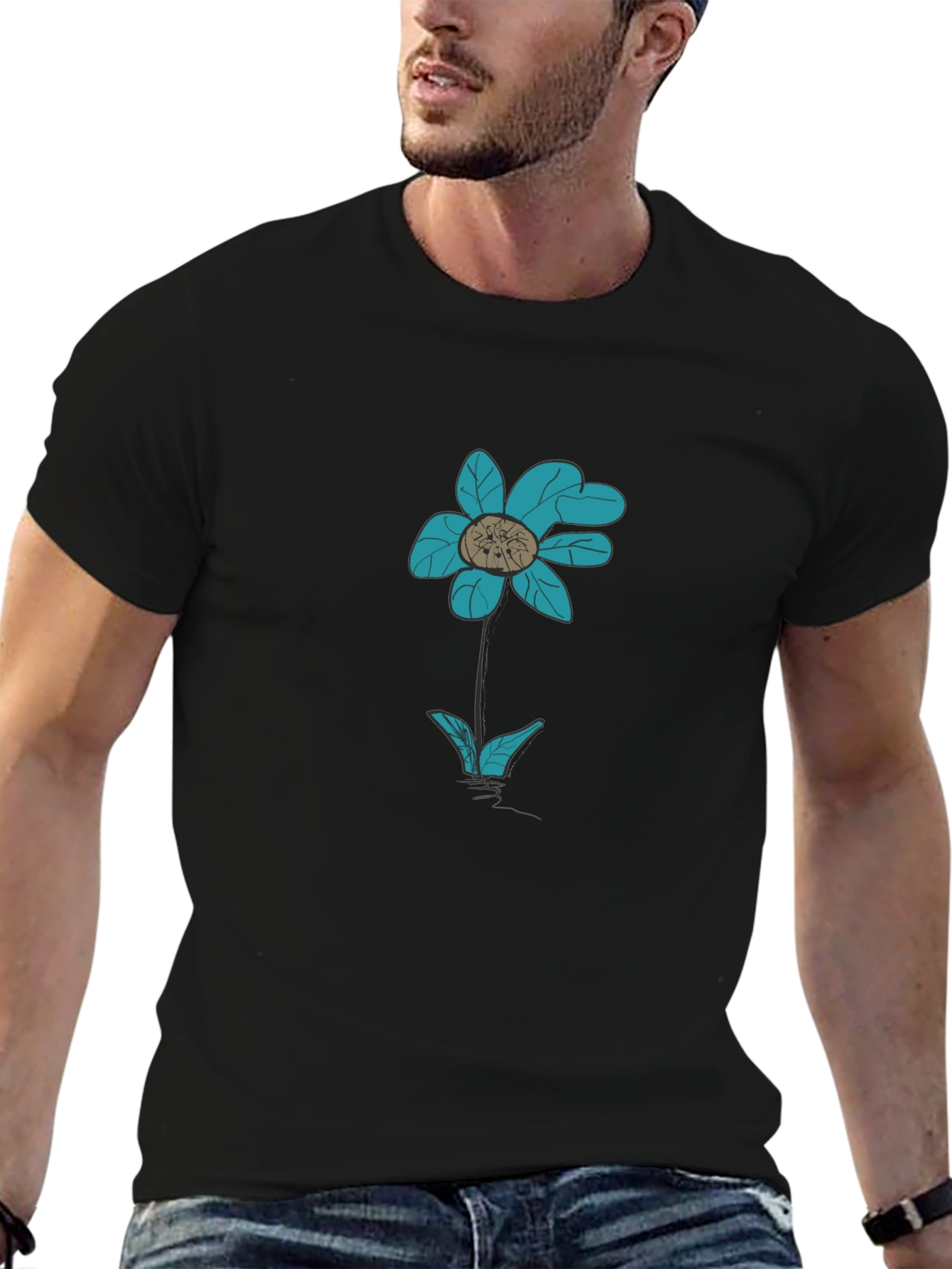 Black T-Shirt with Teal Flower Graphic