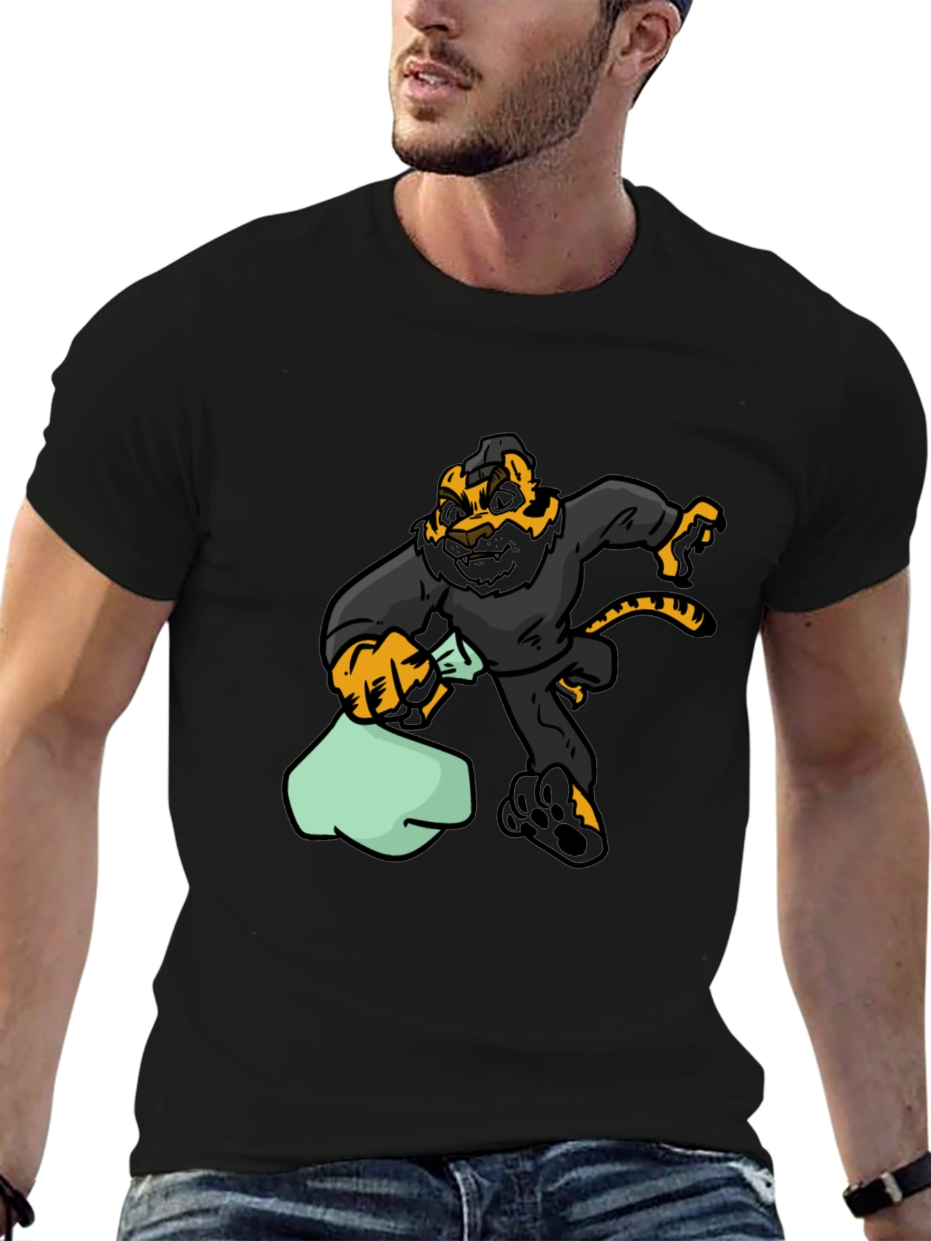 Cartoon Tiger Thief Graphic Tee - Black Cotton T-Shirt