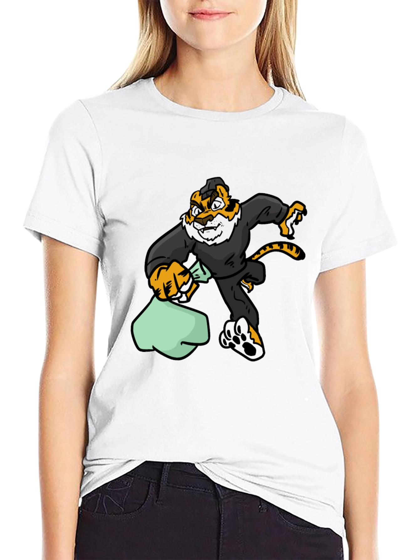 Cartoon Tiger Thief Graphic Tee - Black Cotton T-Shirt