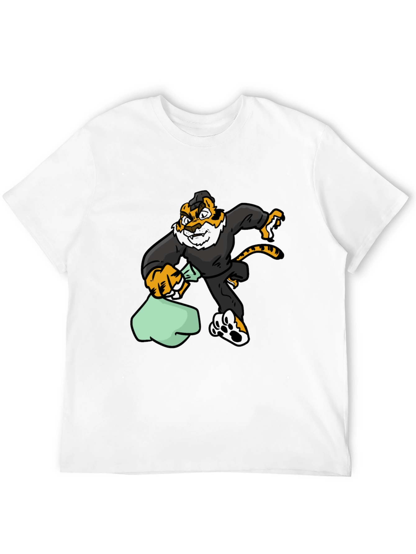 Cartoon Tiger Thief Graphic Tee - Black Cotton T-Shirt