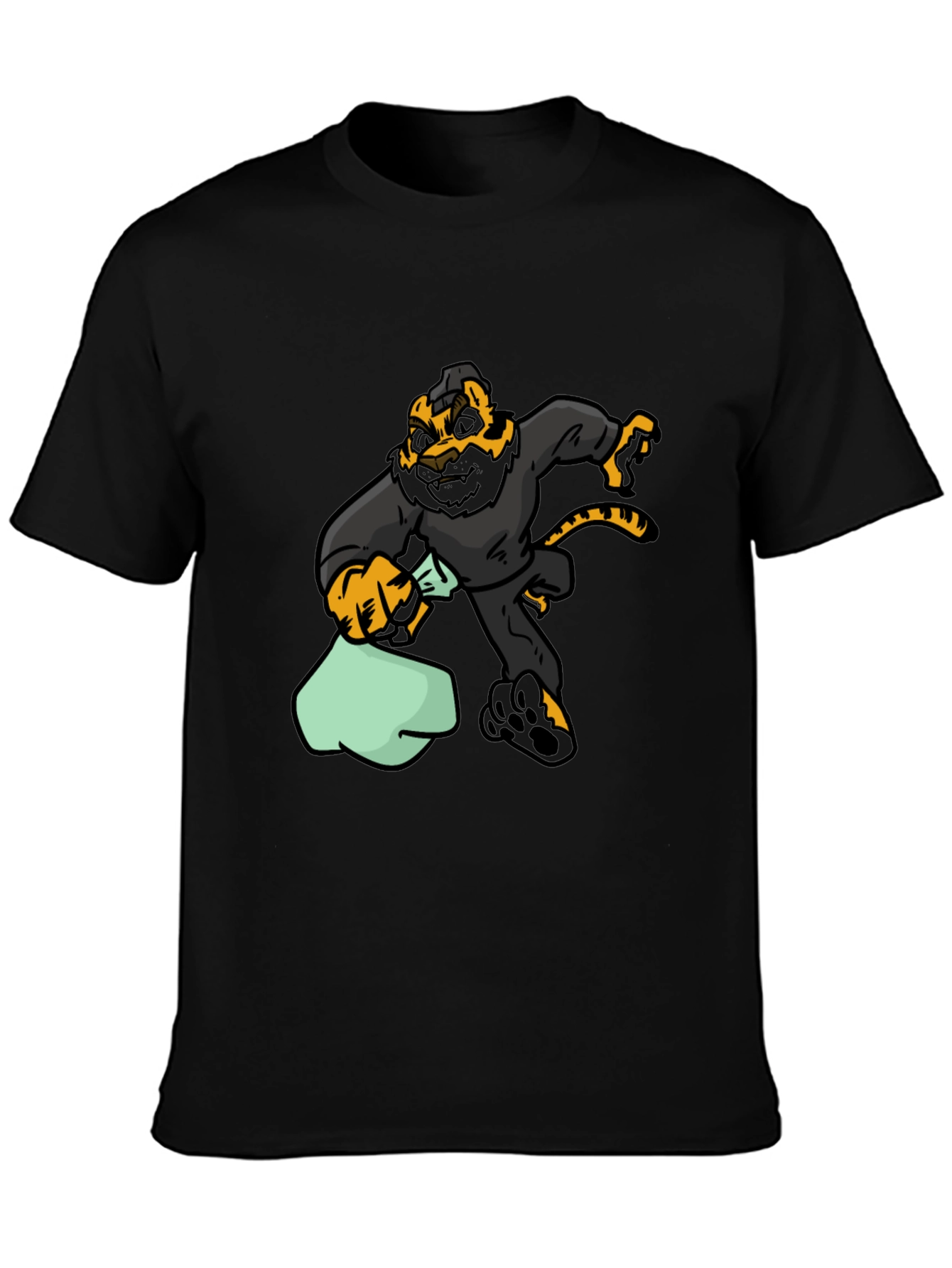 Cartoon Tiger Thief Graphic Tee - Black Cotton T-Shirt