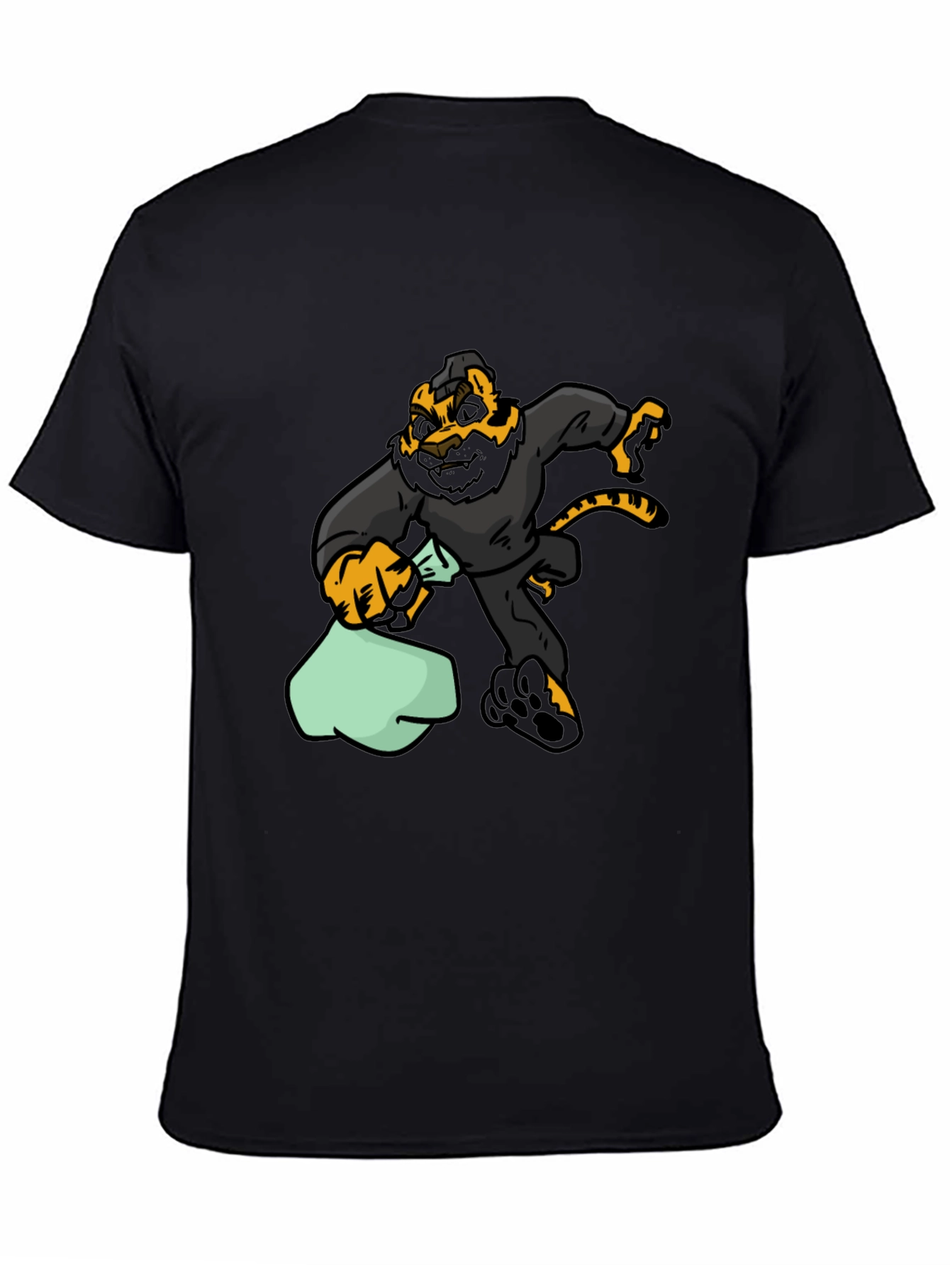 Cartoon Tiger Thief Graphic Tee - Black Cotton T-Shirt