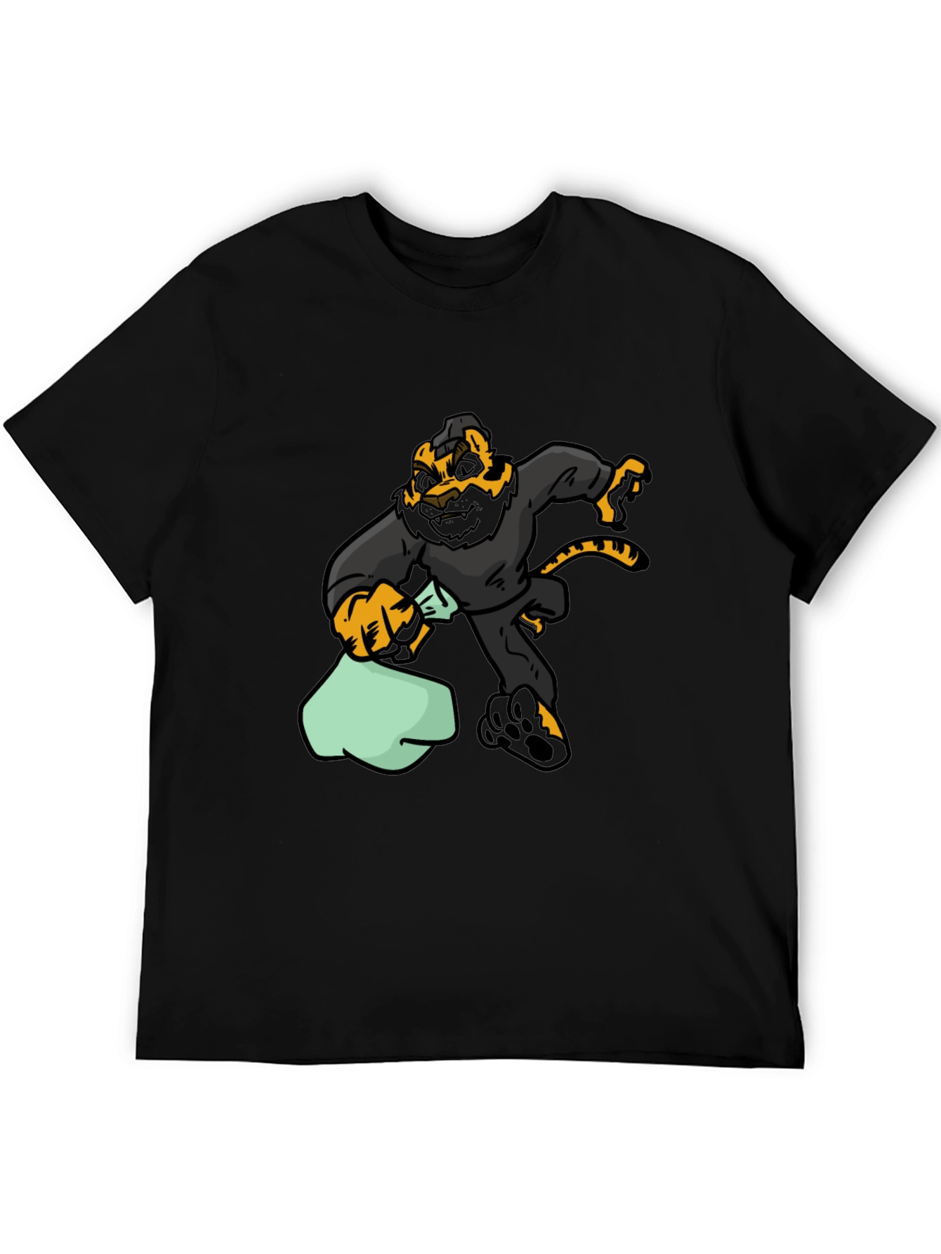 Cartoon Tiger Thief Graphic Tee - Black Cotton T-Shirt