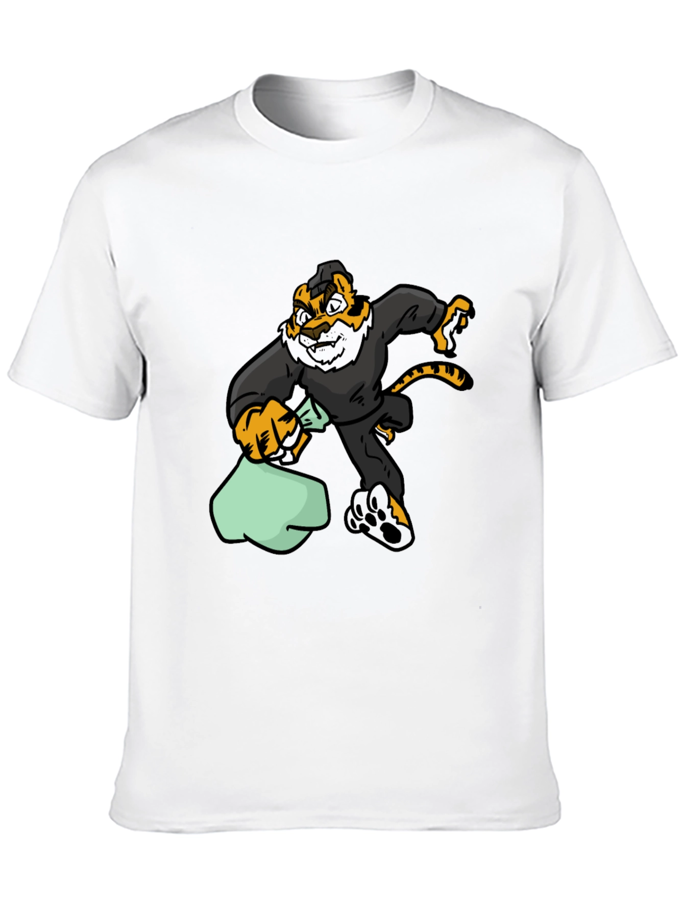 Cartoon Tiger Thief Graphic Tee - Black Cotton T-Shirt