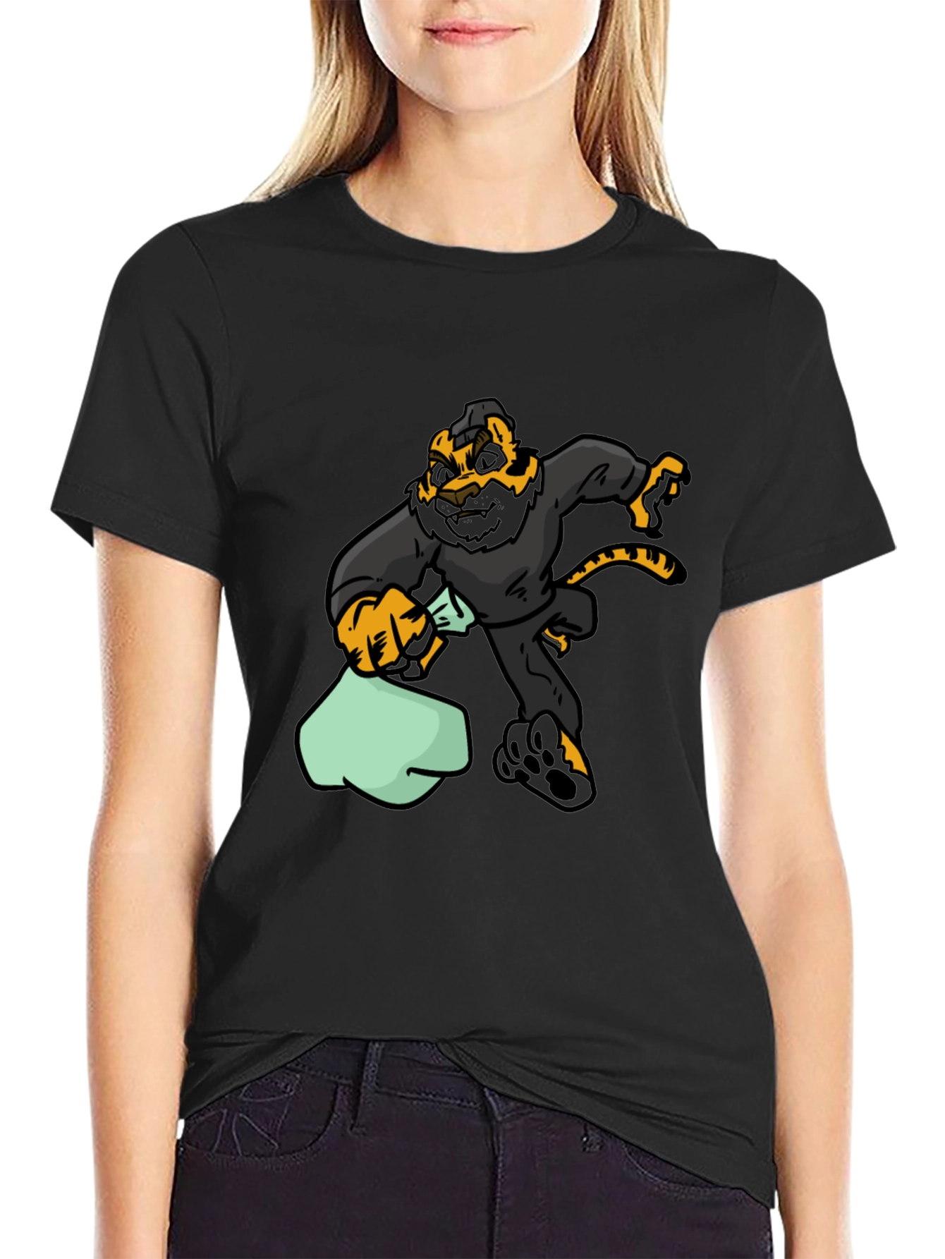 Cartoon Tiger Thief Graphic Tee - Black Cotton T-Shirt