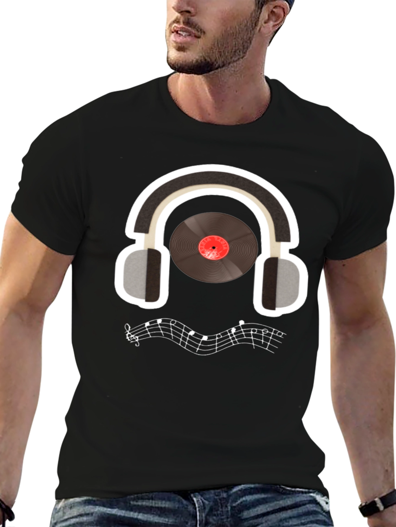 Music Lover T-Shirt: Headphones & Vinyl Design