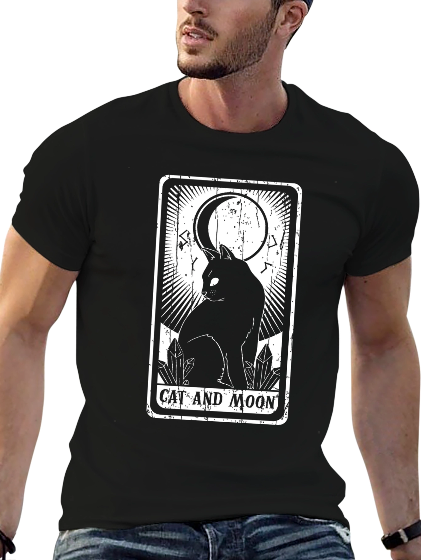 Cat and Moon Tarot Card T-Shirt - Black