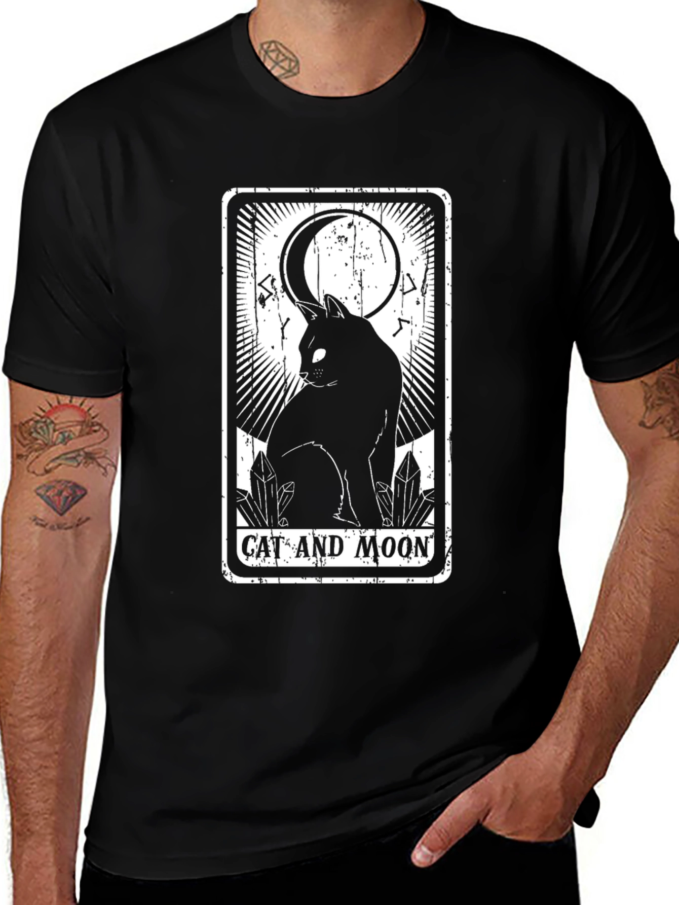 Cat and Moon Tarot Card T-Shirt - Black