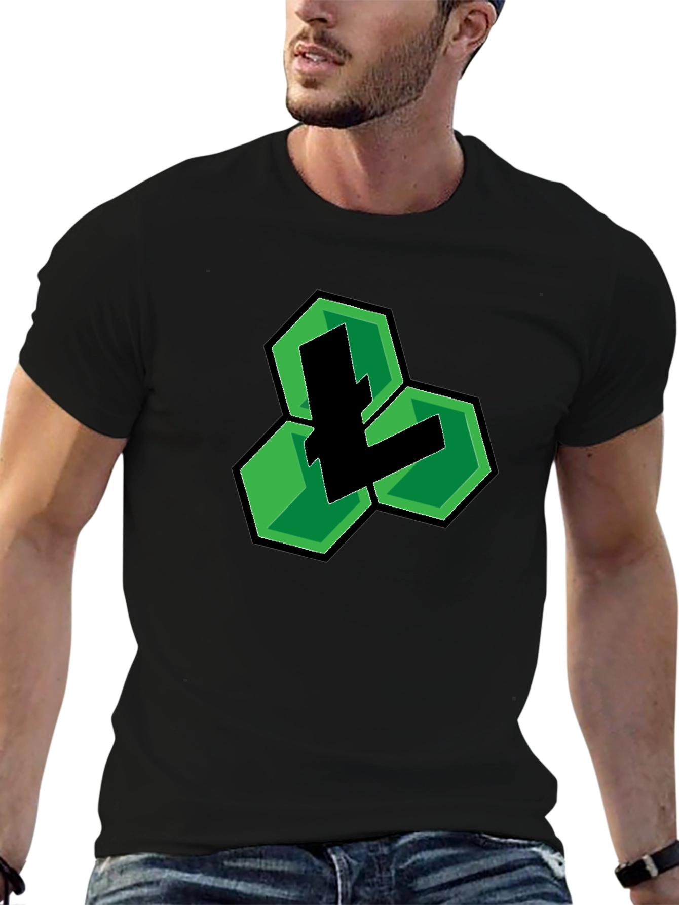 Black T-Shirt with Green Hexagon Logo